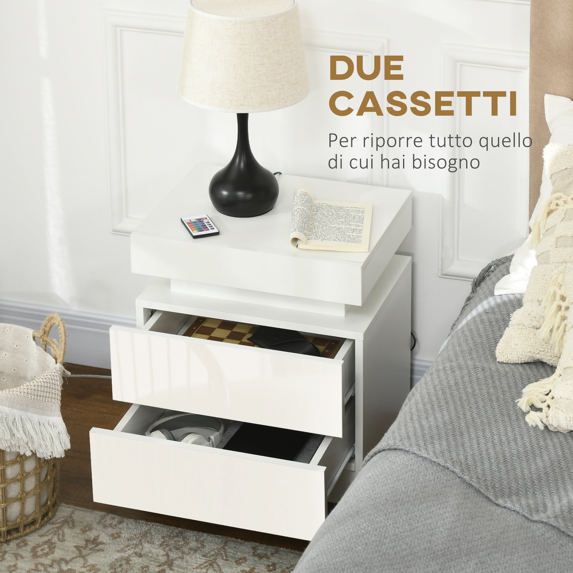 EasyComfort Comodino with luce LED RGB e 2 cassetti, 4 Modalità di luce e 16 colori, 45x35x52cm, white