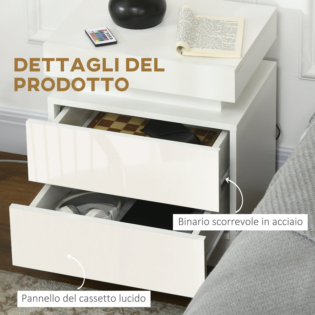 EasyComfort Comodino with luce LED RGB e 2 cassetti, 4 Modalità di luce e 16 colori, 45x35x52cm, white