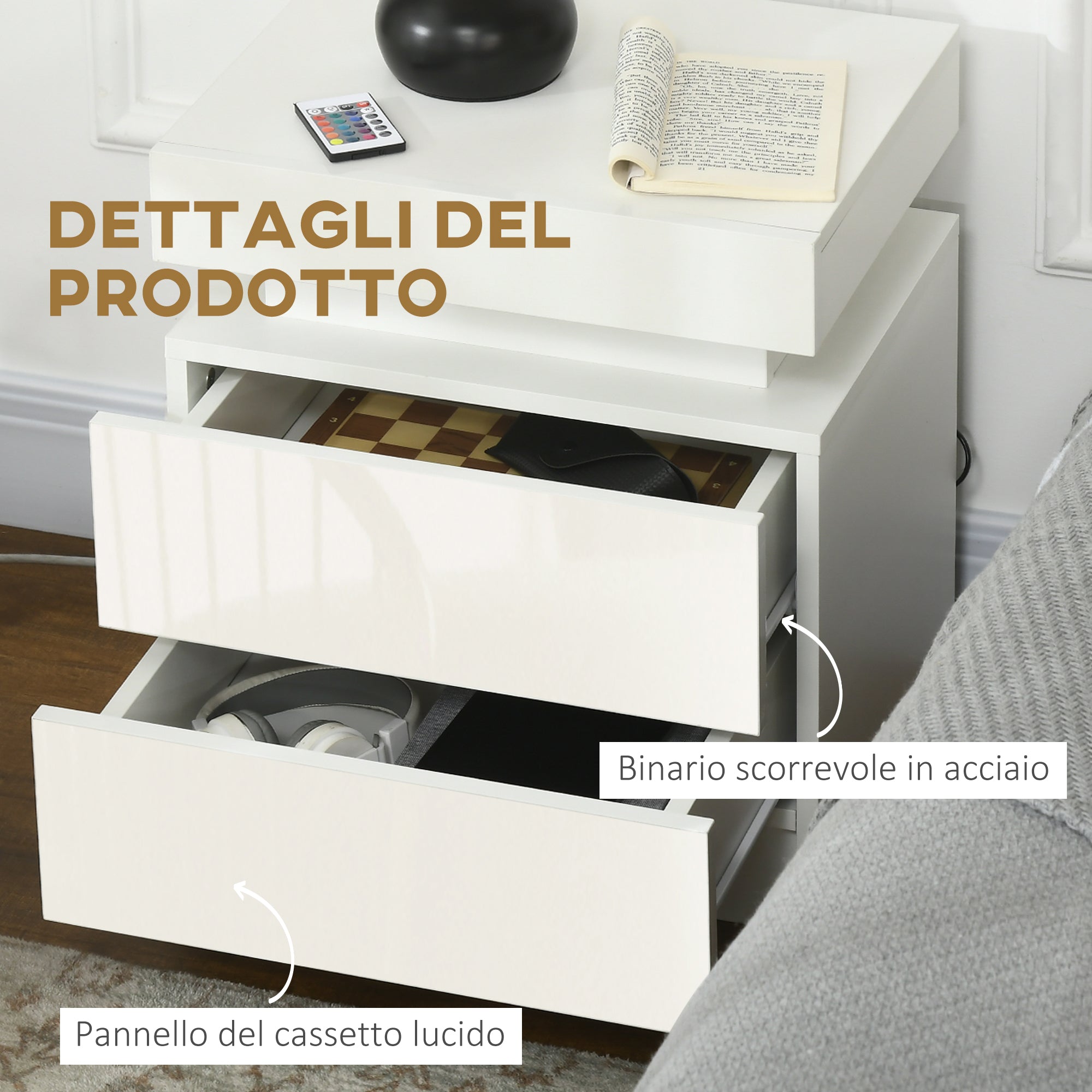 EasyComfort Comodino with luce LED RGB e 2 cassetti, 4 Modalità di luce e 16 colori, 45x35x52cm, white