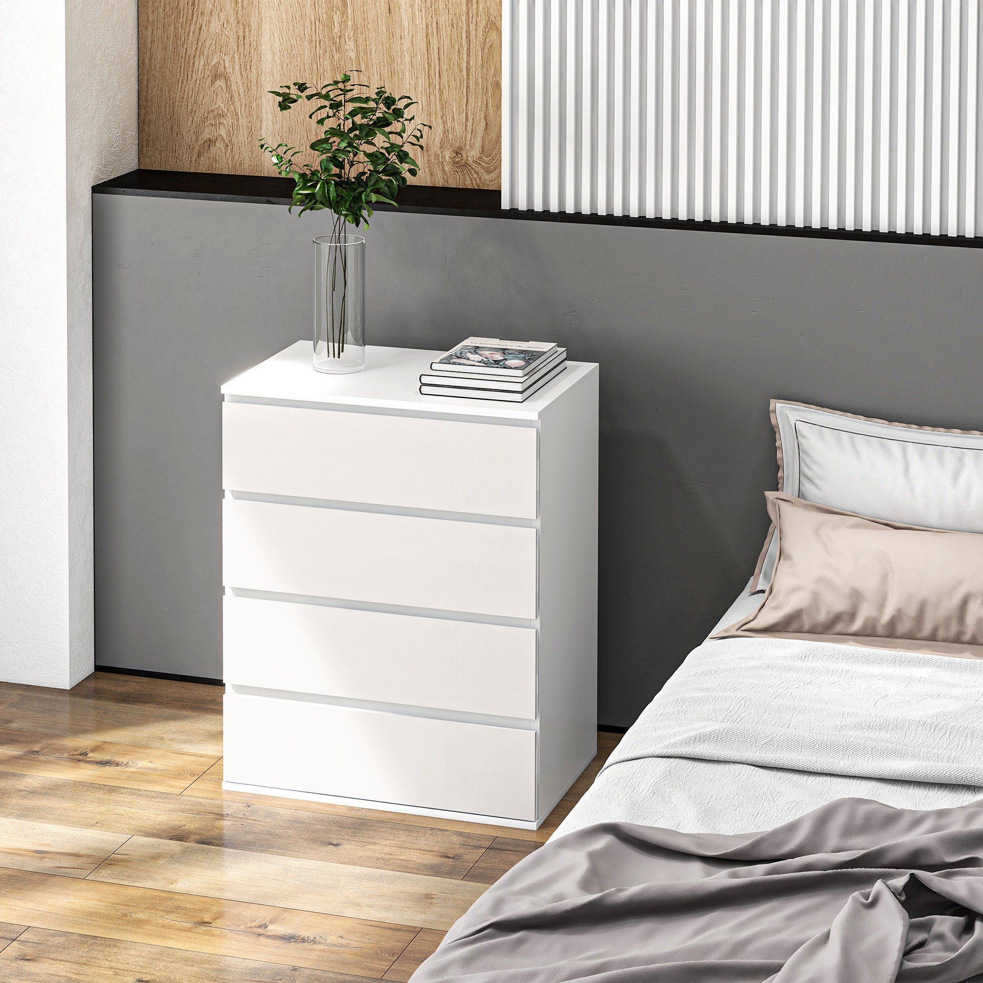 Easycomfort Cassettiera 4 Cassetti in Truciolato with Guide in Metallo e Maniglie Scanalate, 60x40x80 cm, white