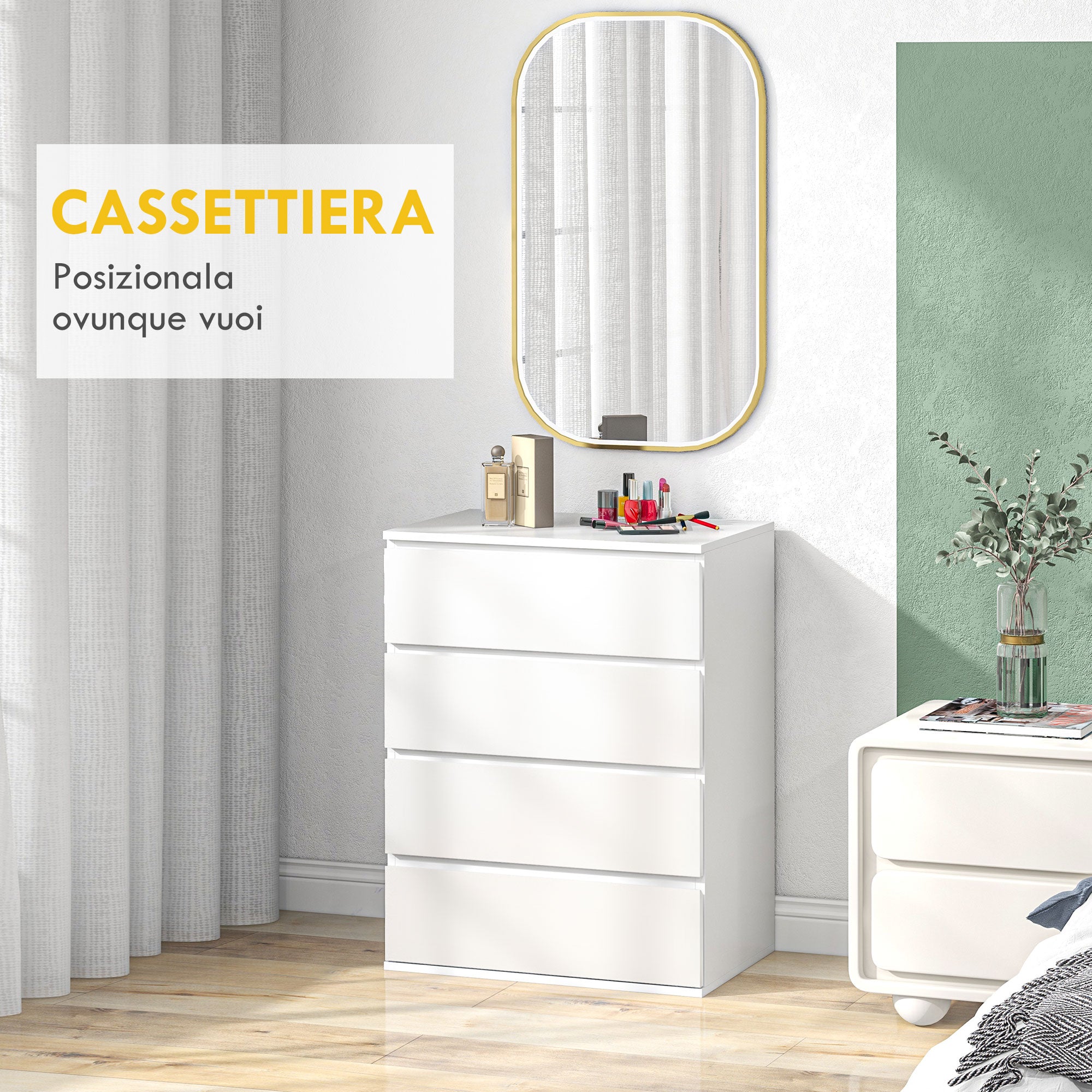 Easycomfort Cassettiera 4 Cassetti in Truciolato with Guide in Metallo e Maniglie Scanalate, 60x40x80 cm, white