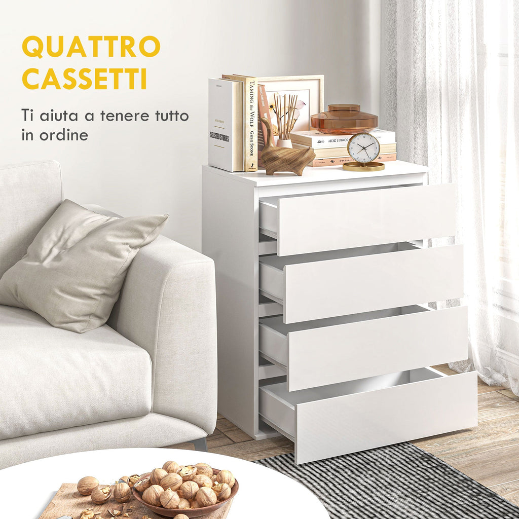 Easycomfort Cassettiera 4 Cassetti in Truciolato with Guide in Metallo e Maniglie Scanalate, 60x40x80 cm, white