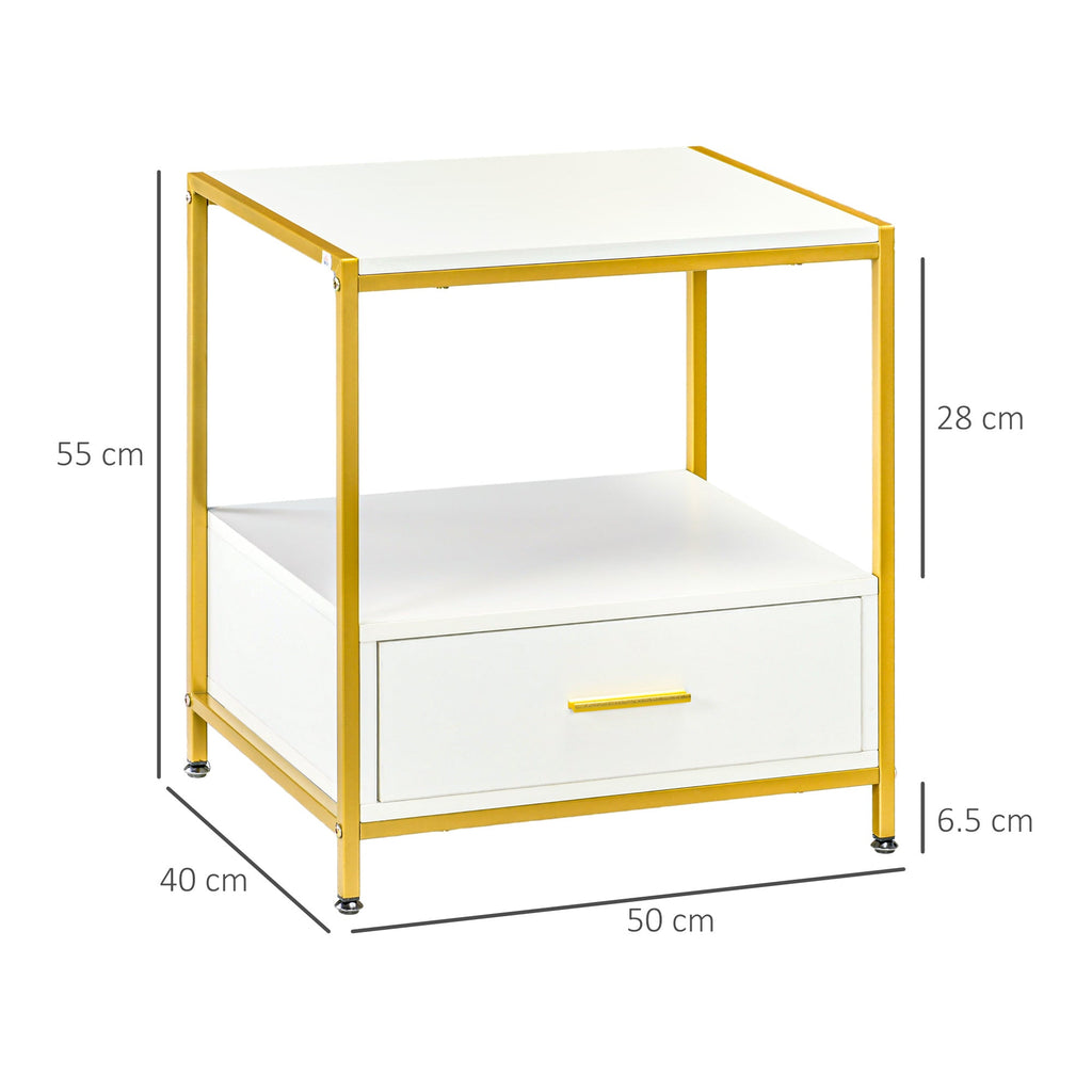 EasyComfort set van 2 nachtkastjes met lade en open schap, wit/goud 50x40x55 cm
