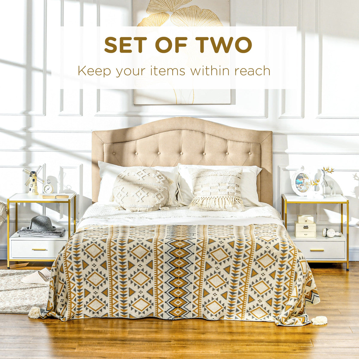 EasyComfort set van 2 nachtkastjes met lade en open schap, wit/goud 50x40x55 cm