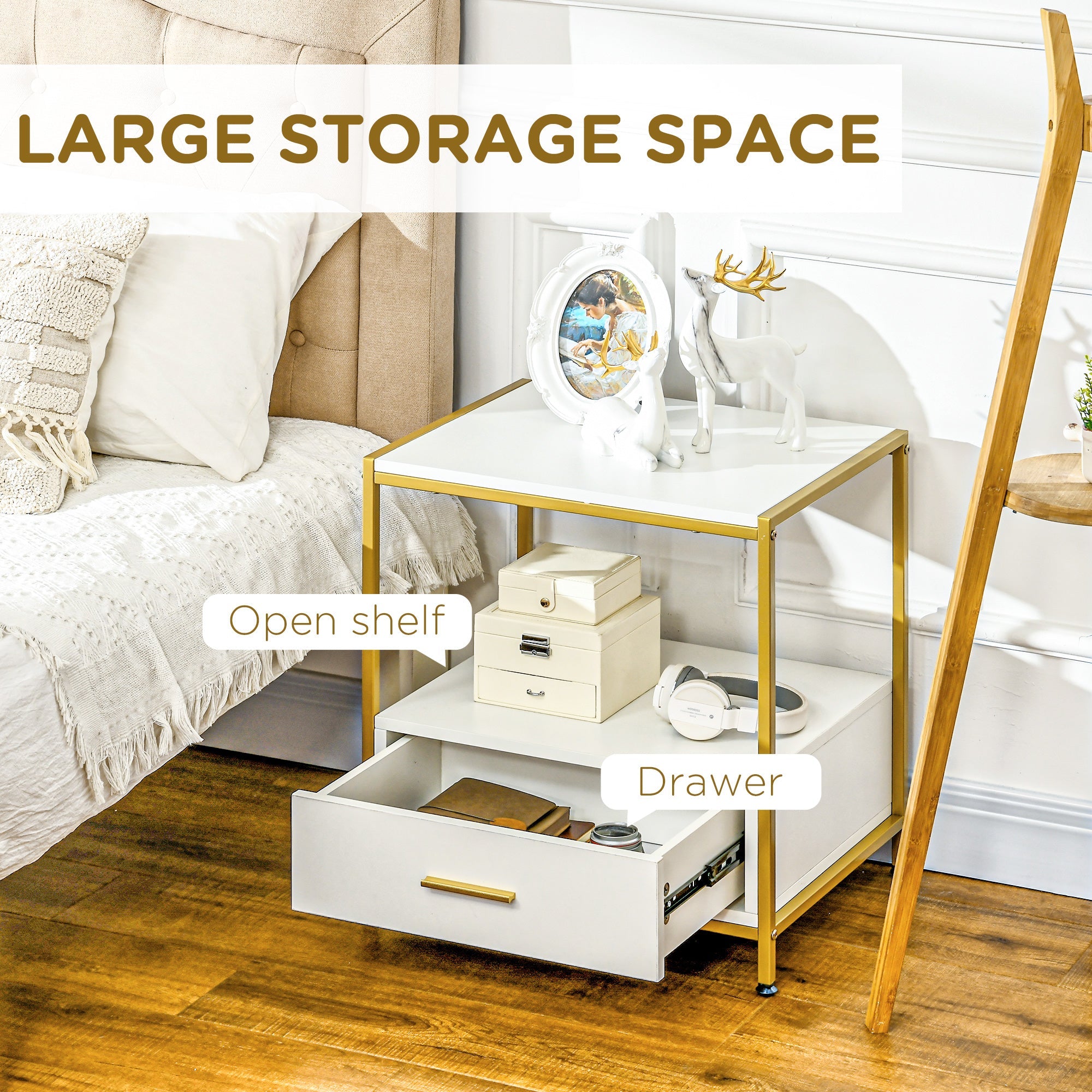 EasyComfort set van 2 nachtkastjes met lade en open schap, wit/goud 50x40x55 cm