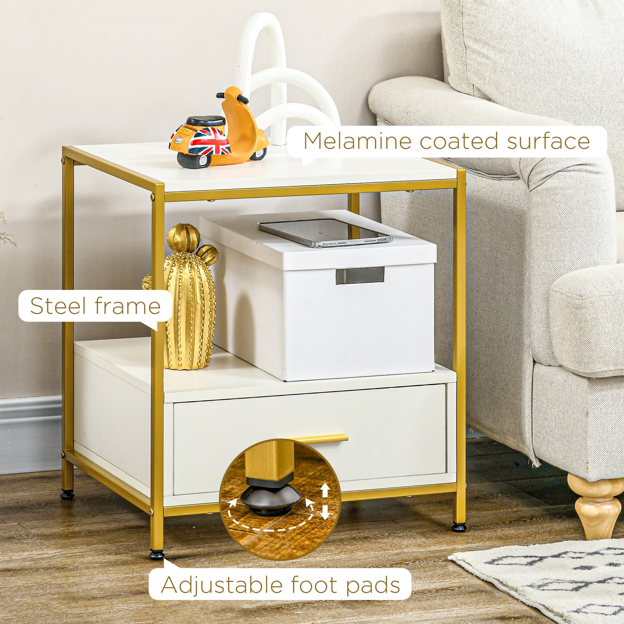 EasyComfort set van 2 nachtkastjes met lade en open schap, wit/goud 50x40x55 cm