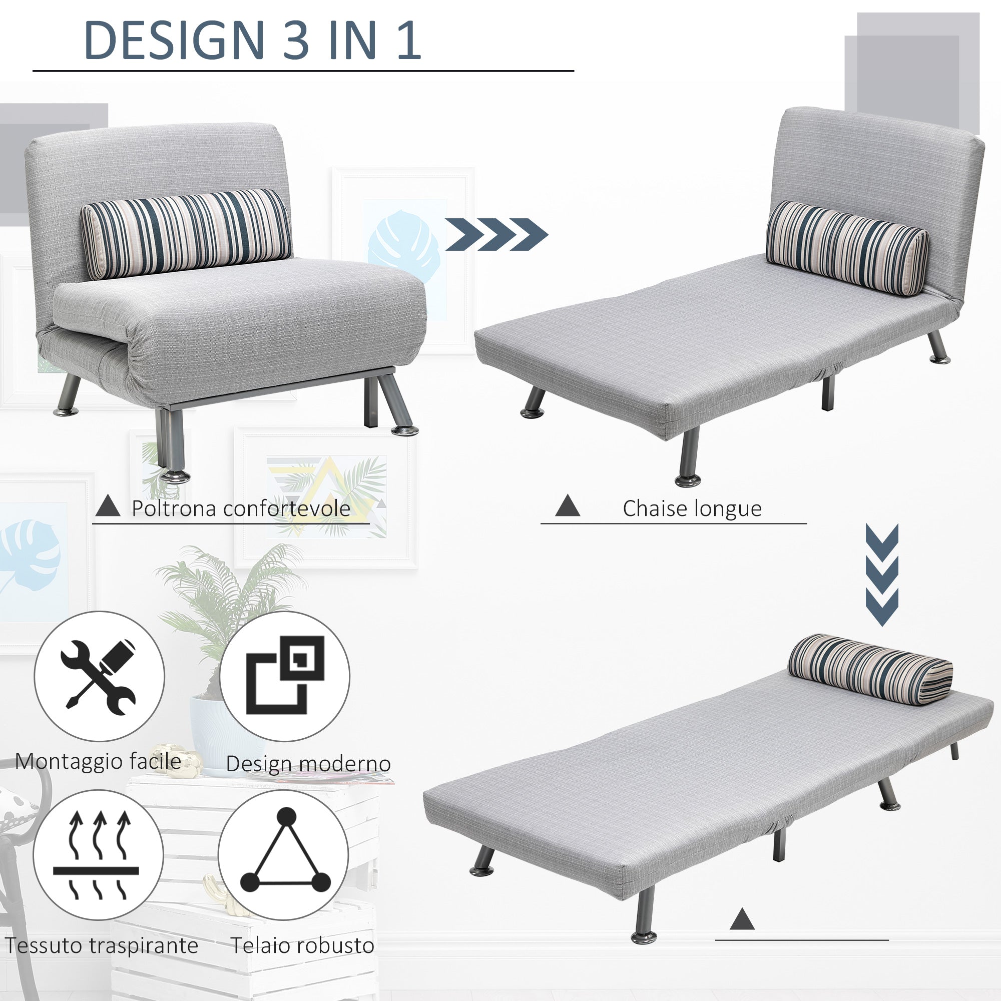 EasyComfort slaapfauteuil met kussen 75 x 70 x 75 cm grijs
