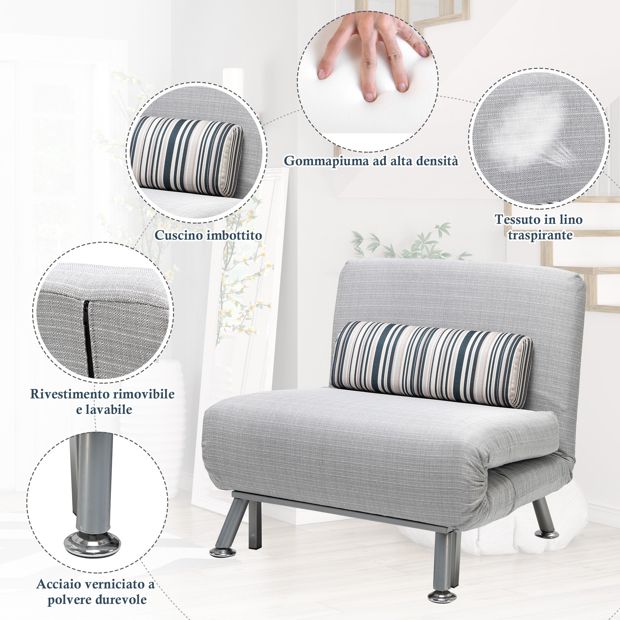 EasyComfort slaapfauteuil met kussen 75 x 70 x 75 cm grijs
