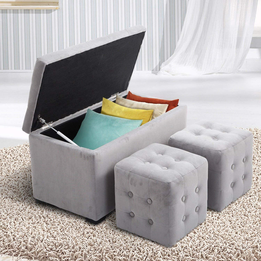 EasyComfort opbergbank set met 2 poefs, parelgrijs velours