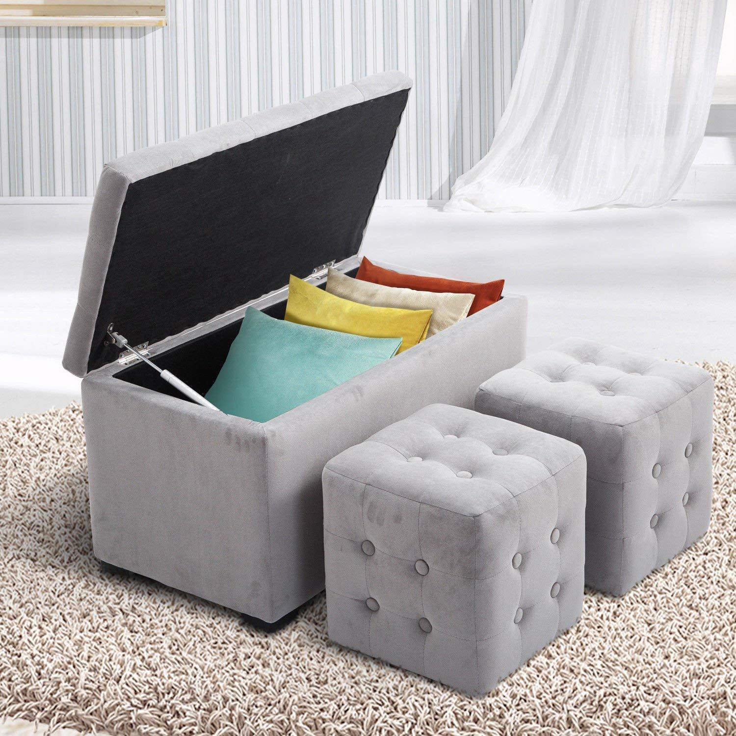 EasyComfort opbergbank set met 2 poefs, parelgrijs velours
