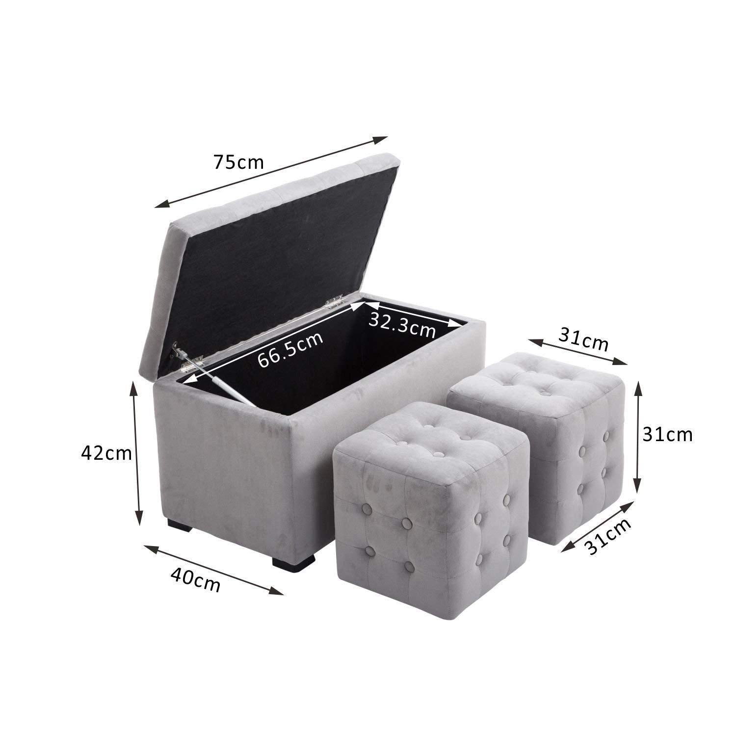 EasyComfort opbergbank set met 2 poefs, parelgrijs velours
