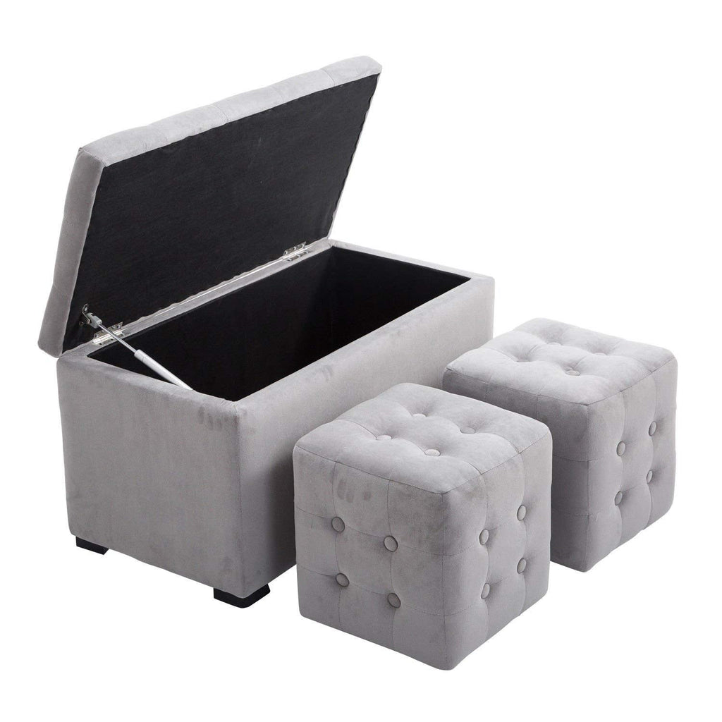 EasyComfort opbergbank set met 2 poefs, parelgrijs velours