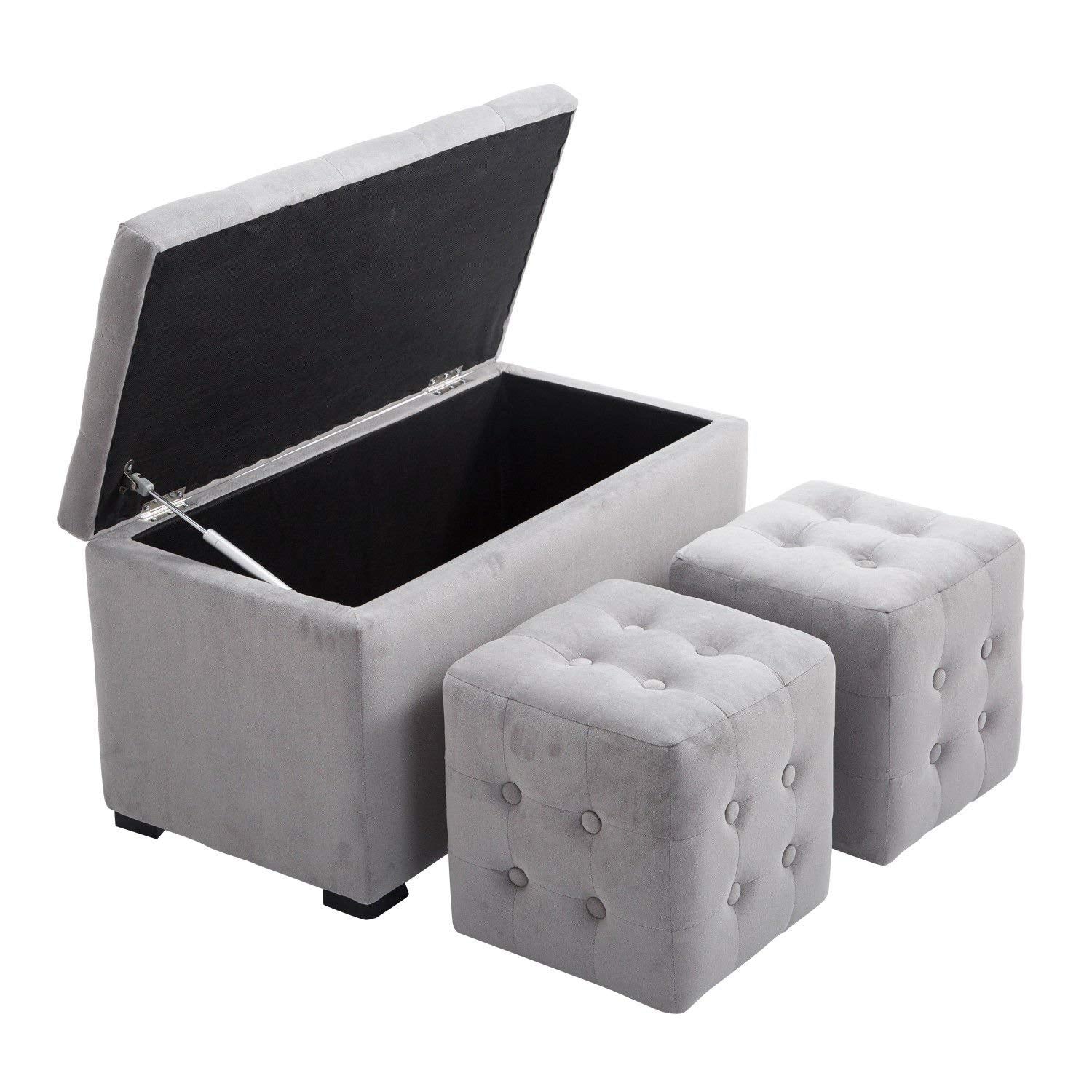 EasyComfort opbergbank set met 2 poefs, parelgrijs velours