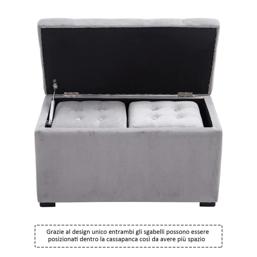 EasyComfort opbergbank set met 2 poefs, parelgrijs velours