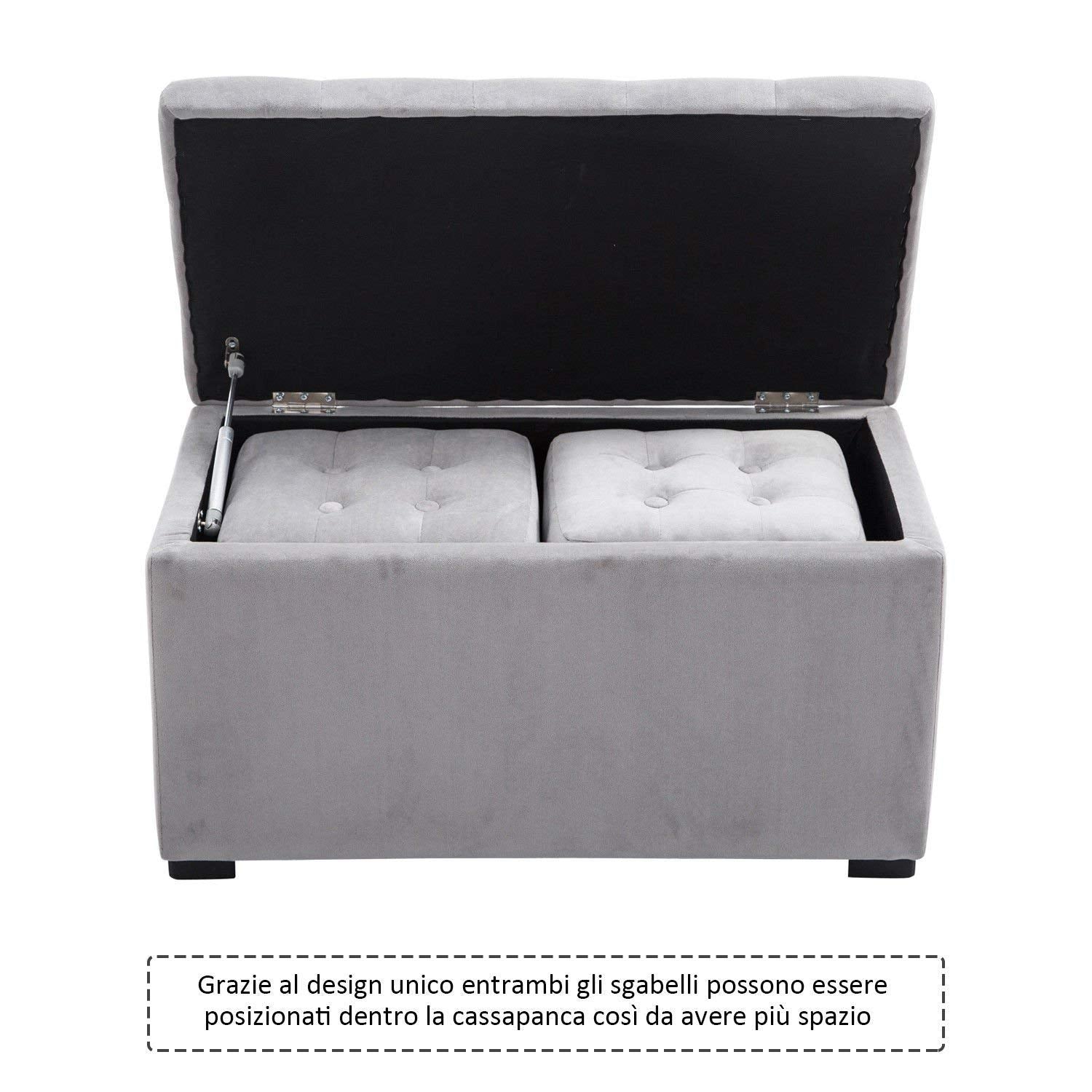 EasyComfort opbergbank set met 2 poefs, parelgrijs velours