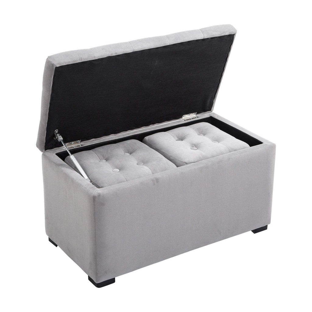 EasyComfort opbergbank set met 2 poefs, parelgrijs velours