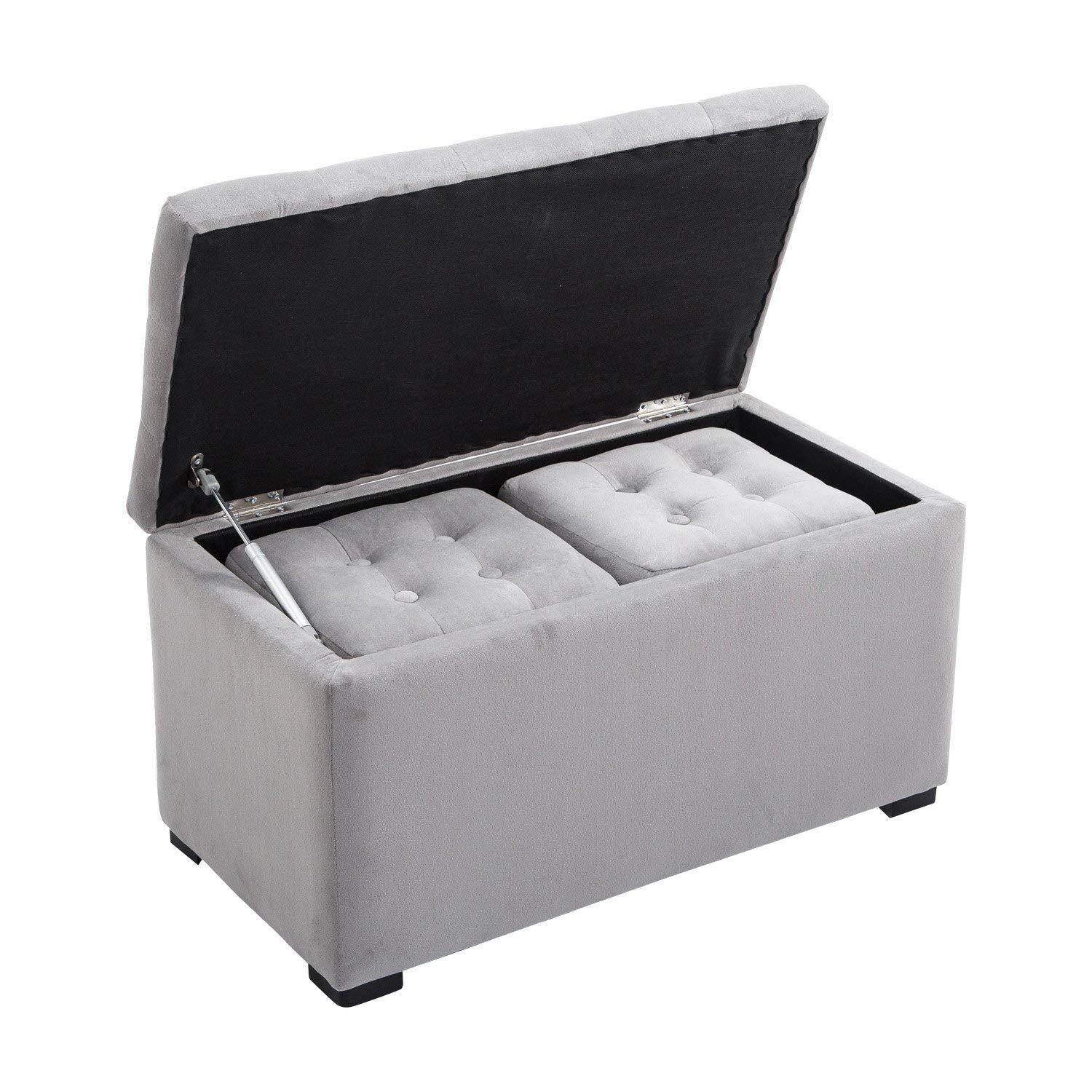 EasyComfort opbergbank set met 2 poefs, parelgrijs velours