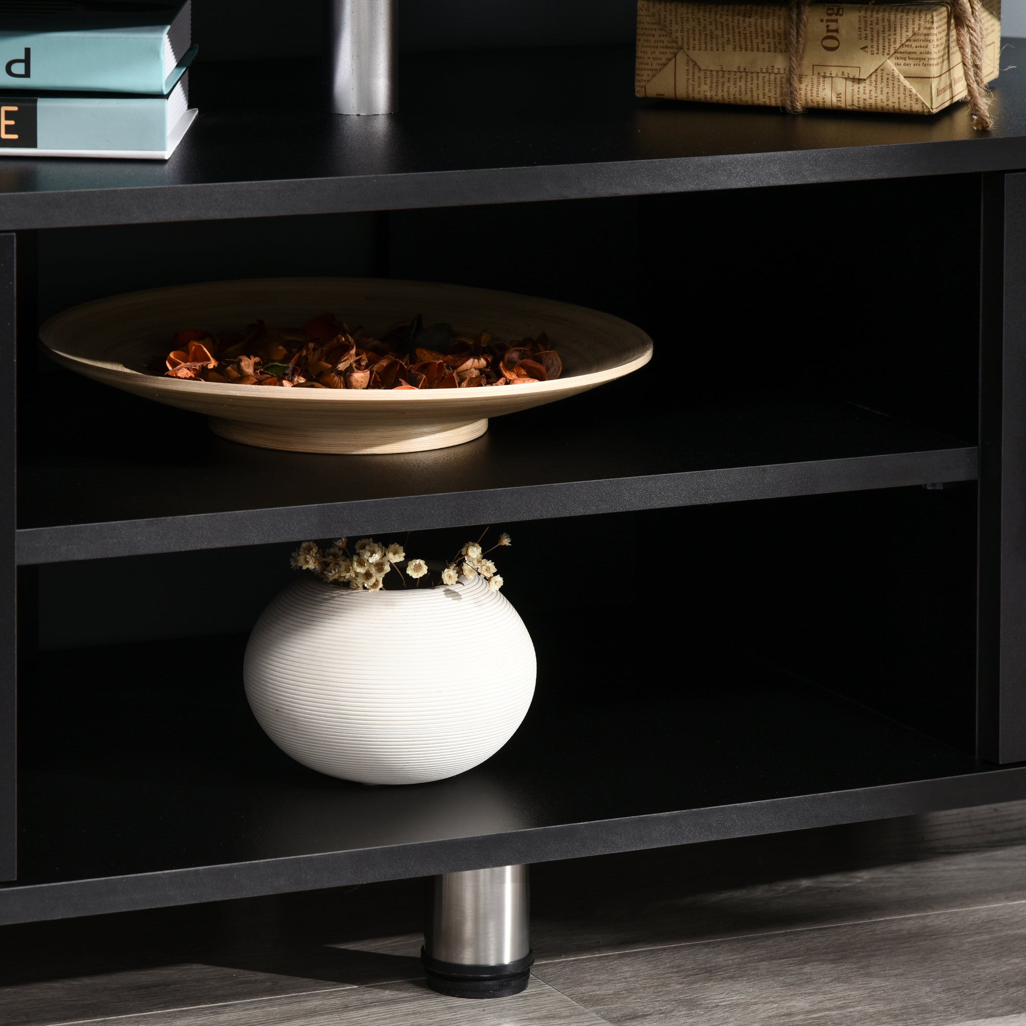 Easycomfort Mobile Porta TV Classico da Soggiorno with 2 ripiani e 2 Armadietti, in MDF e Acciaio Inox, black, 120x39.5x52cm