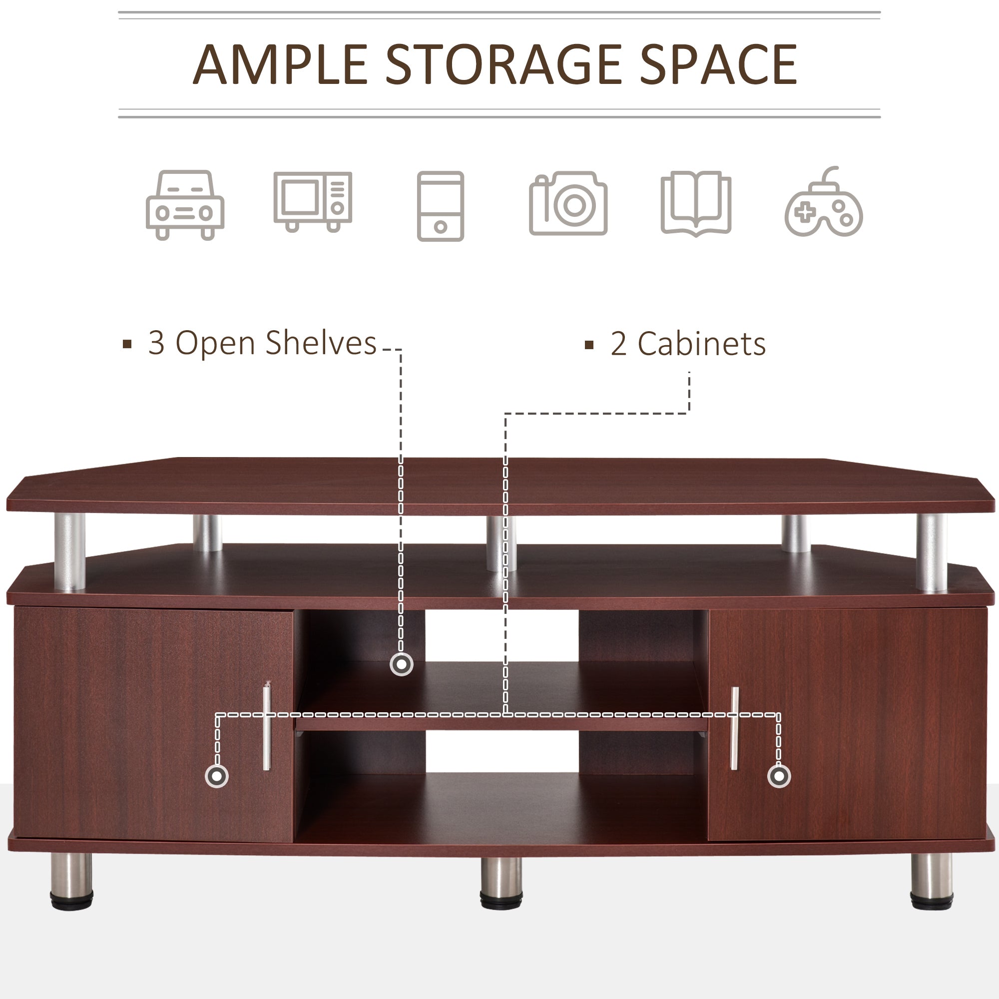 Easycomfort Mobile Porta TV Classico da Soggiorno with 2 ripiani e 2 Armadietti, in MDF e Acciaio Inox, Marrone, 120x39.5x52cm