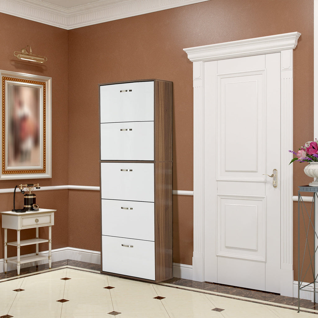 Easycomfort Scarpiera Slim a 5 Livelli with 2 Ripiani per Livello, in MDF, 60x28x189 cm, white e Marrone