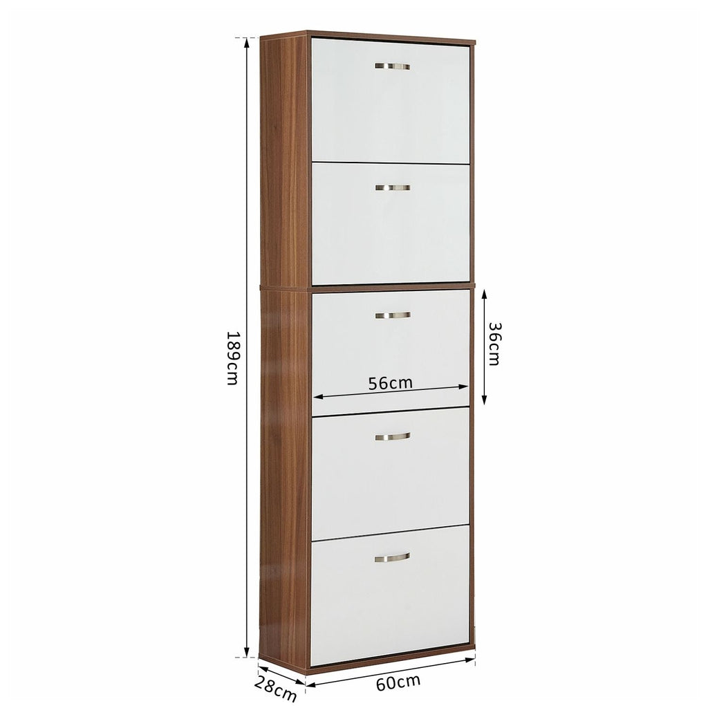 Easycomfort Scarpiera Slim a 5 Livelli with 2 Ripiani per Livello, in MDF, 60x28x189 cm, white e Marrone