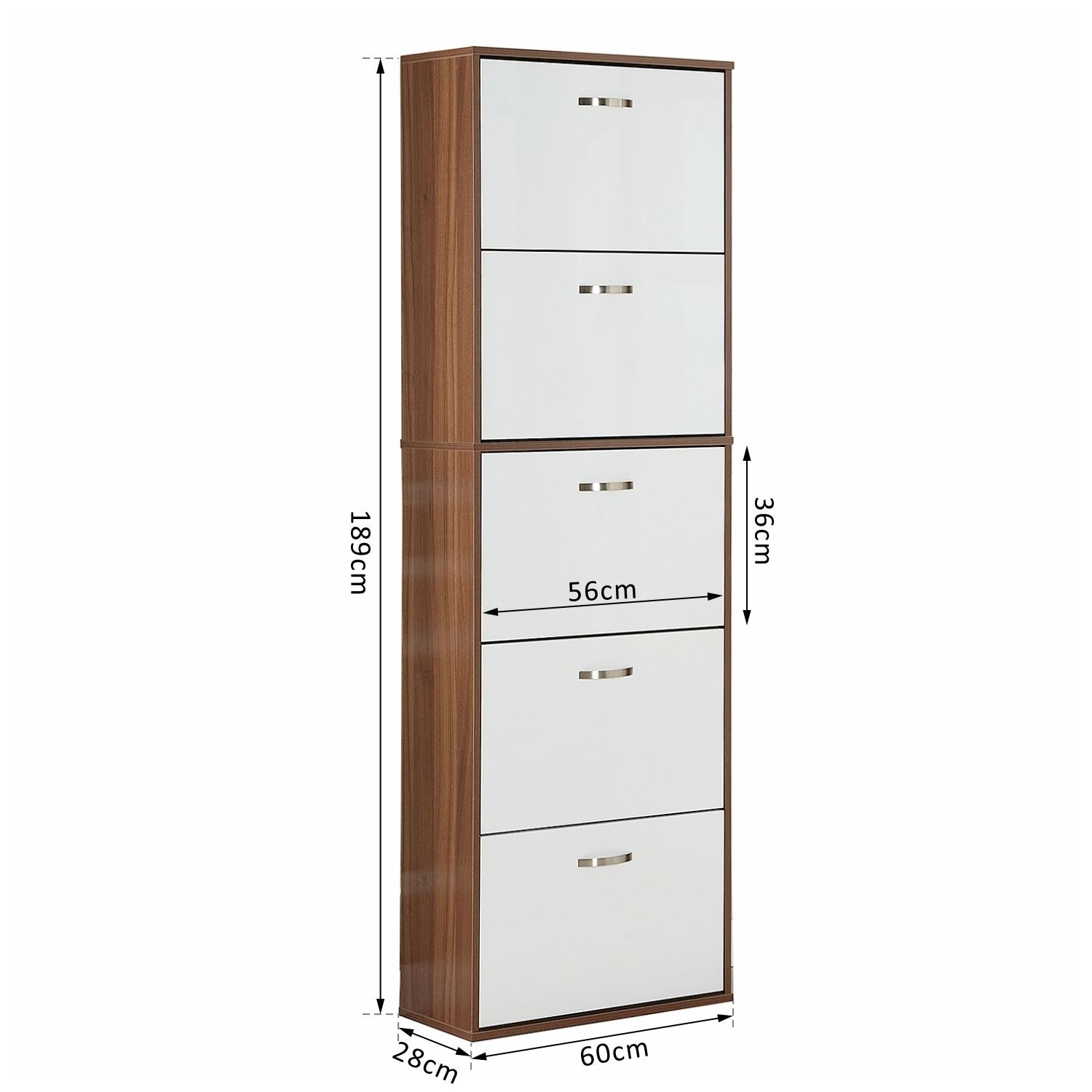 Easycomfort Scarpiera Slim a 5 Livelli with 2 Ripiani per Livello, in MDF, 60x28x189 cm, white e Marrone
