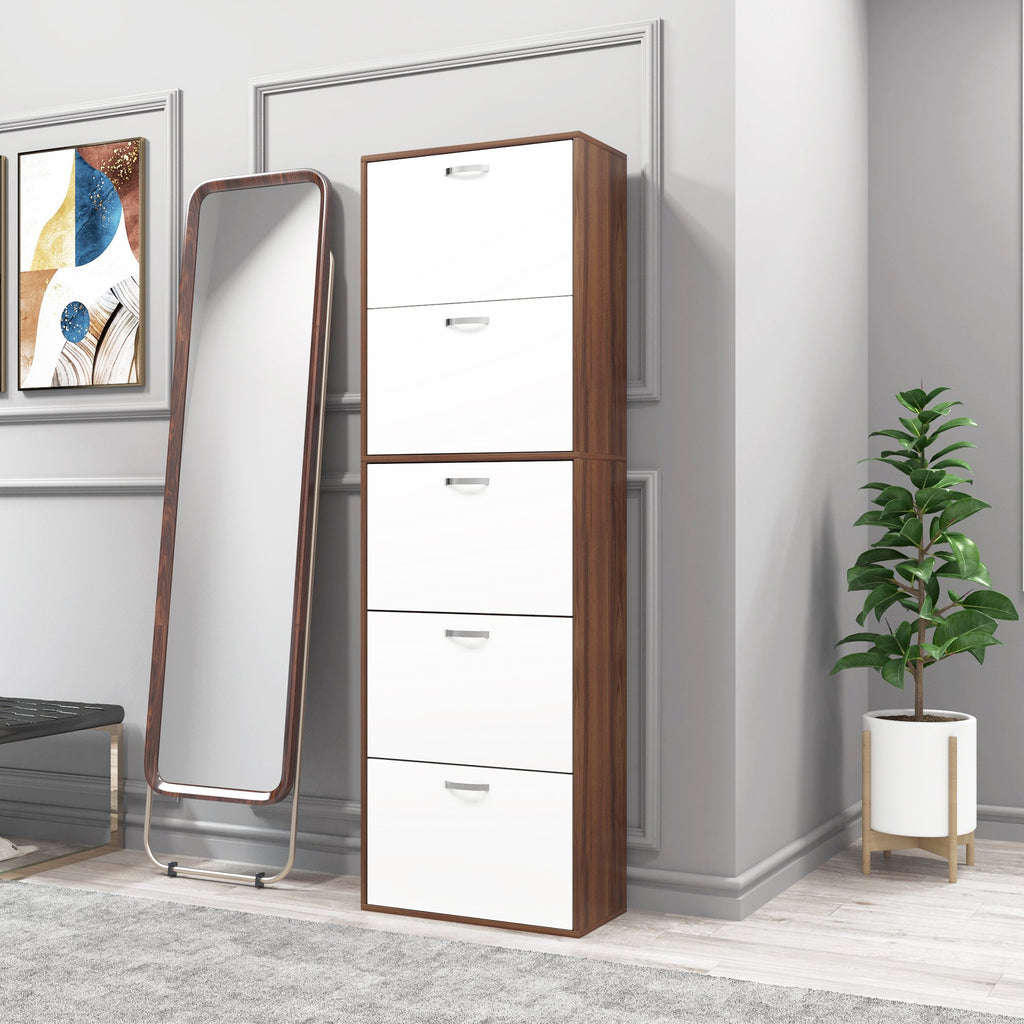 Easycomfort Scarpiera Slim a 5 Livelli with 2 Ripiani per Livello, in MDF, 60x28x189 cm, white e Marrone