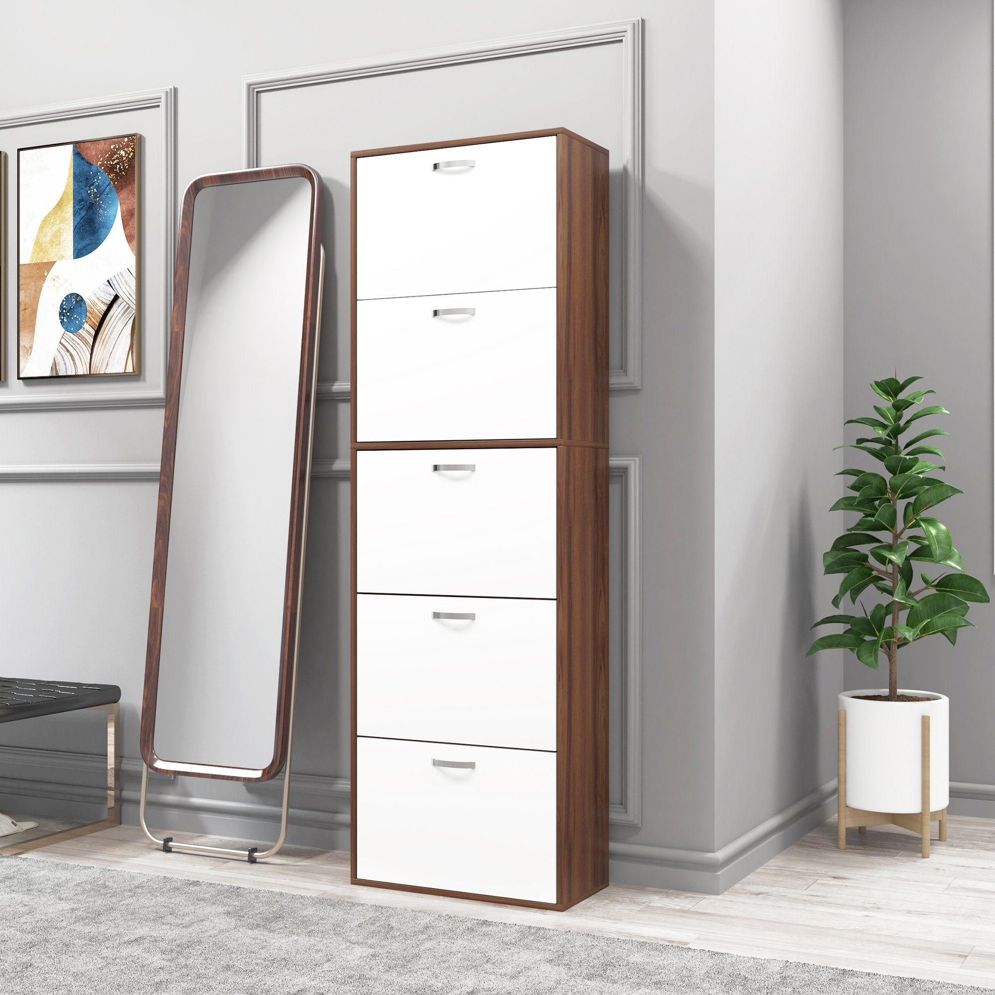 Easycomfort Scarpiera Slim a 5 Livelli with 2 Ripiani per Livello, in MDF, 60x28x189 cm, white e Marrone