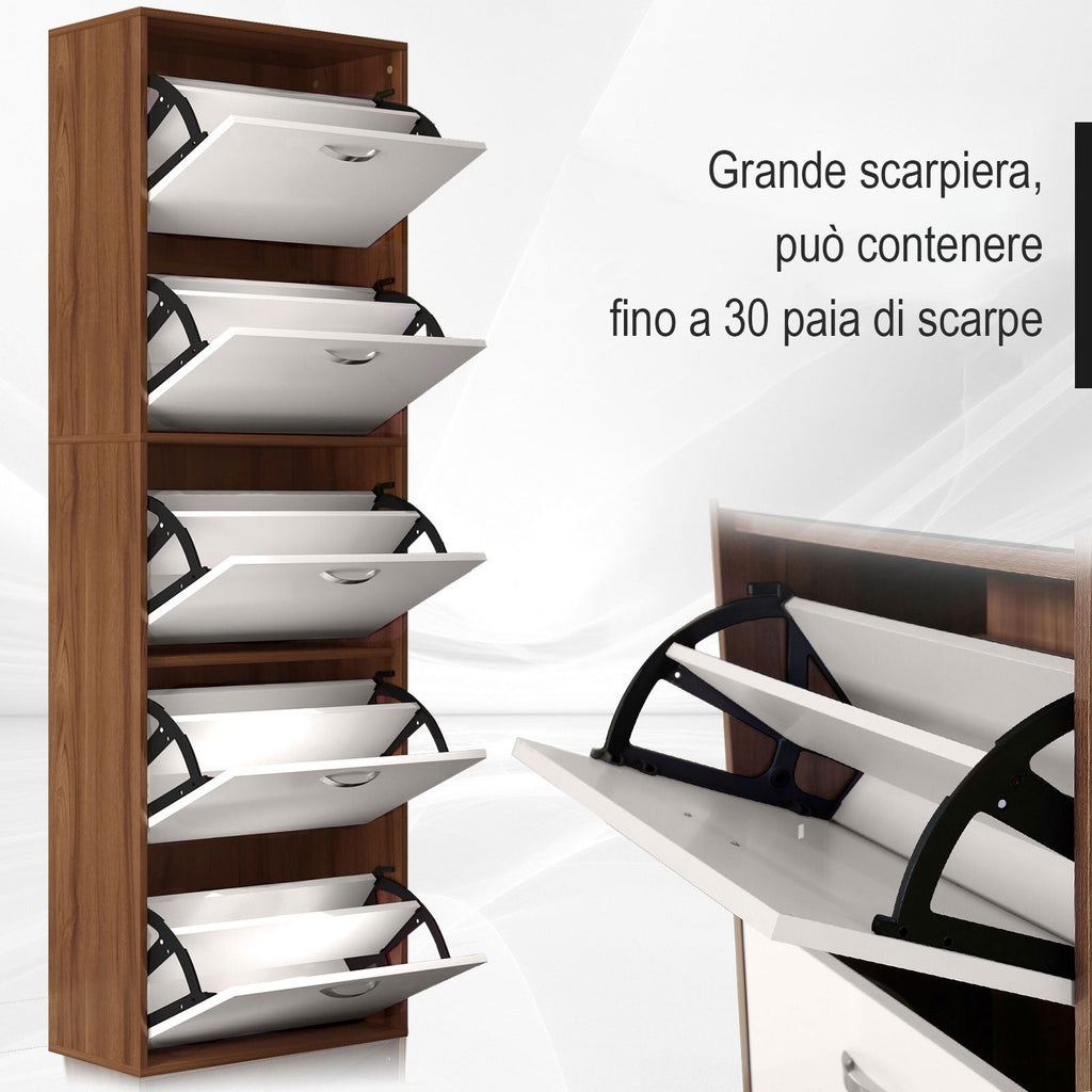 Easycomfort Scarpiera Slim a 5 Livelli with 2 Ripiani per Livello, in MDF, 60x28x189 cm, white e Marrone
