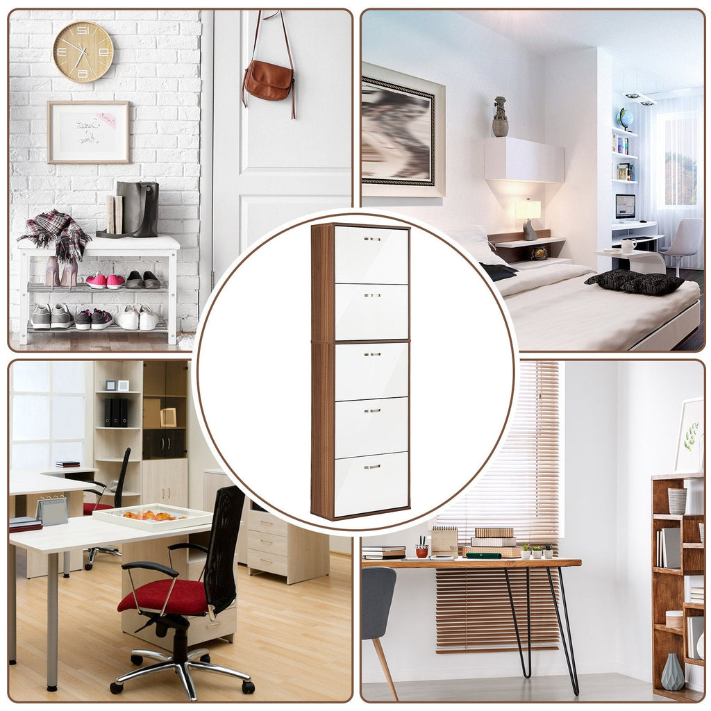 Easycomfort Scarpiera Slim a 5 Livelli with 2 Ripiani per Livello, in MDF, 60x28x189 cm, white e Marrone