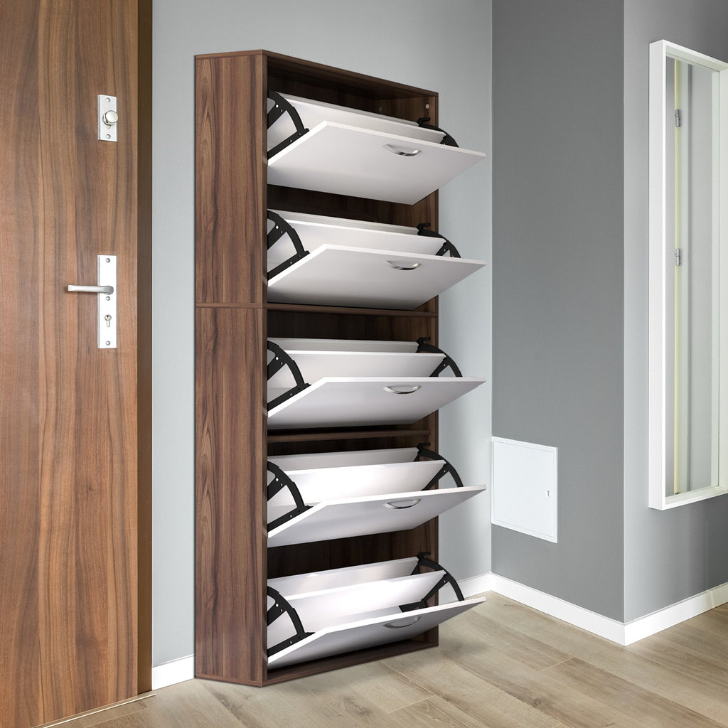 Easycomfort Scarpiera Slim a 5 Livelli with 2 Ripiani per Livello, in MDF, 60x28x189 cm, white e Marrone