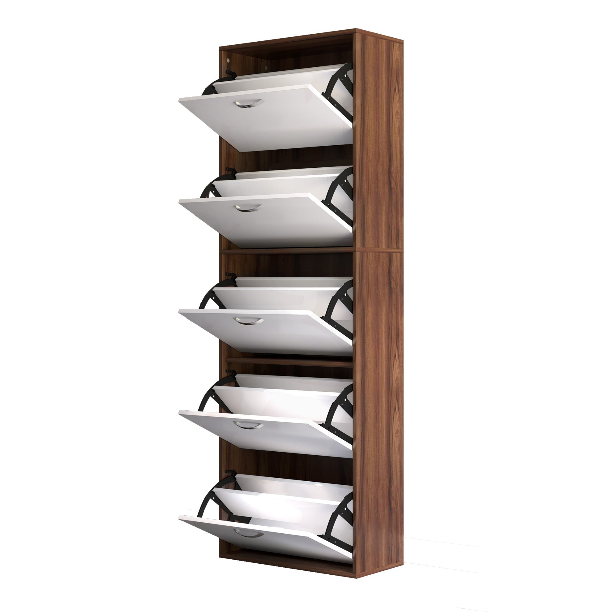 Easycomfort Scarpiera Slim a 5 Livelli with 2 Ripiani per Livello, in MDF, 60x28x189 cm, white e Marrone