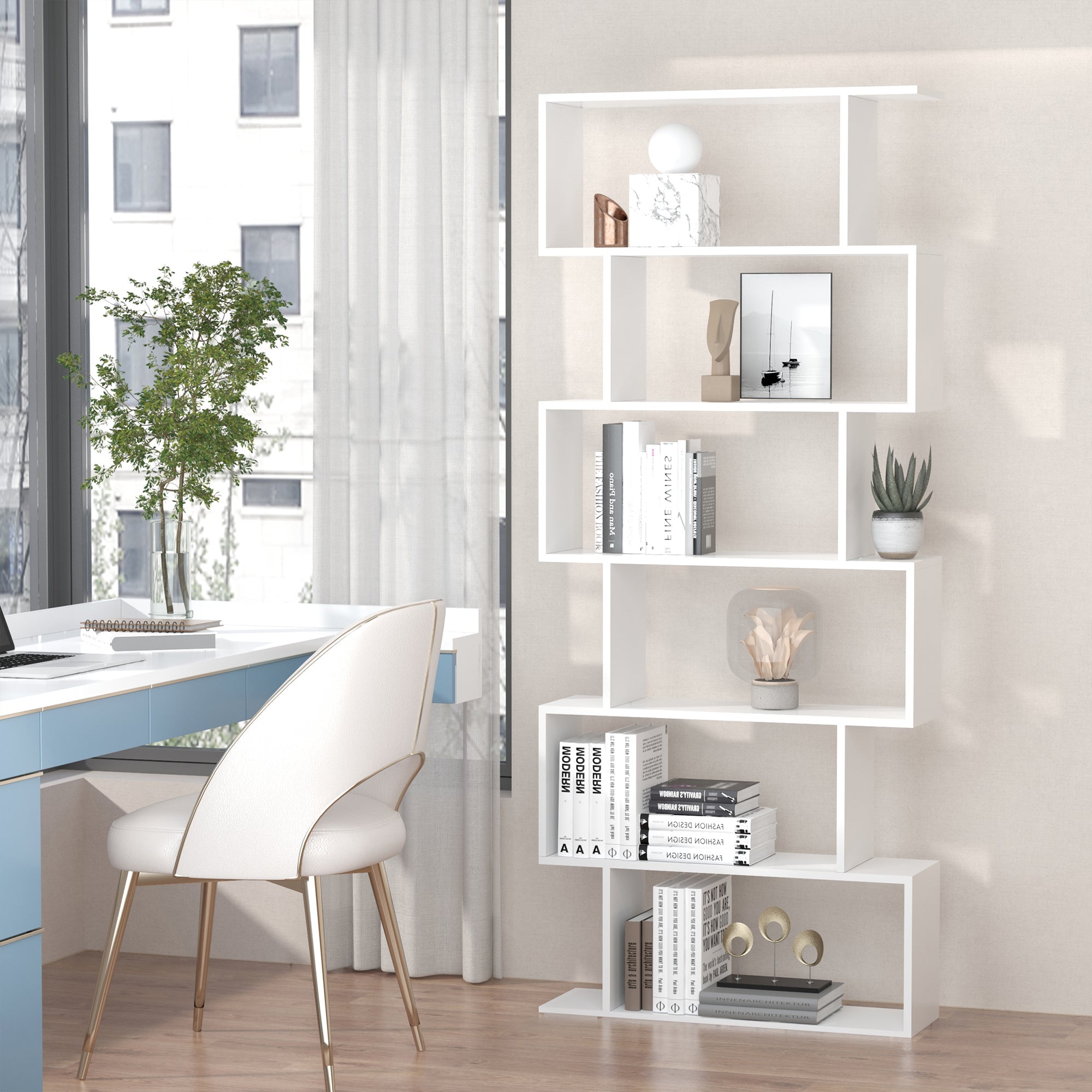 Easycomfort Scaffale Alto with 6 Ripiani, Libreria Scaffalatura in Legno Design Moderno, white 80 × 23 × 192cm