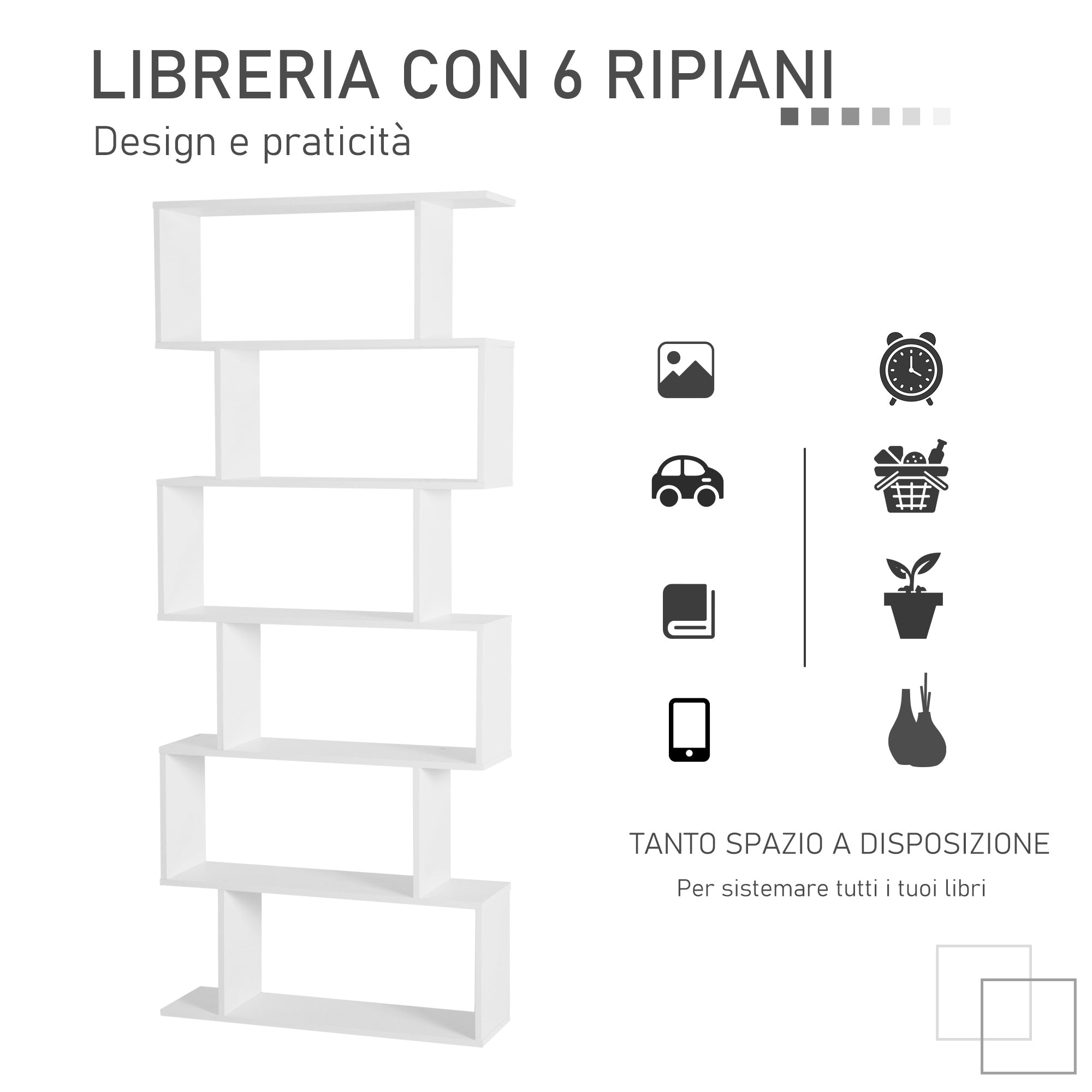 Easycomfort Scaffale Alto with 6 Ripiani, Libreria Scaffalatura in Legno Design Moderno, white 80 × 23 × 192cm