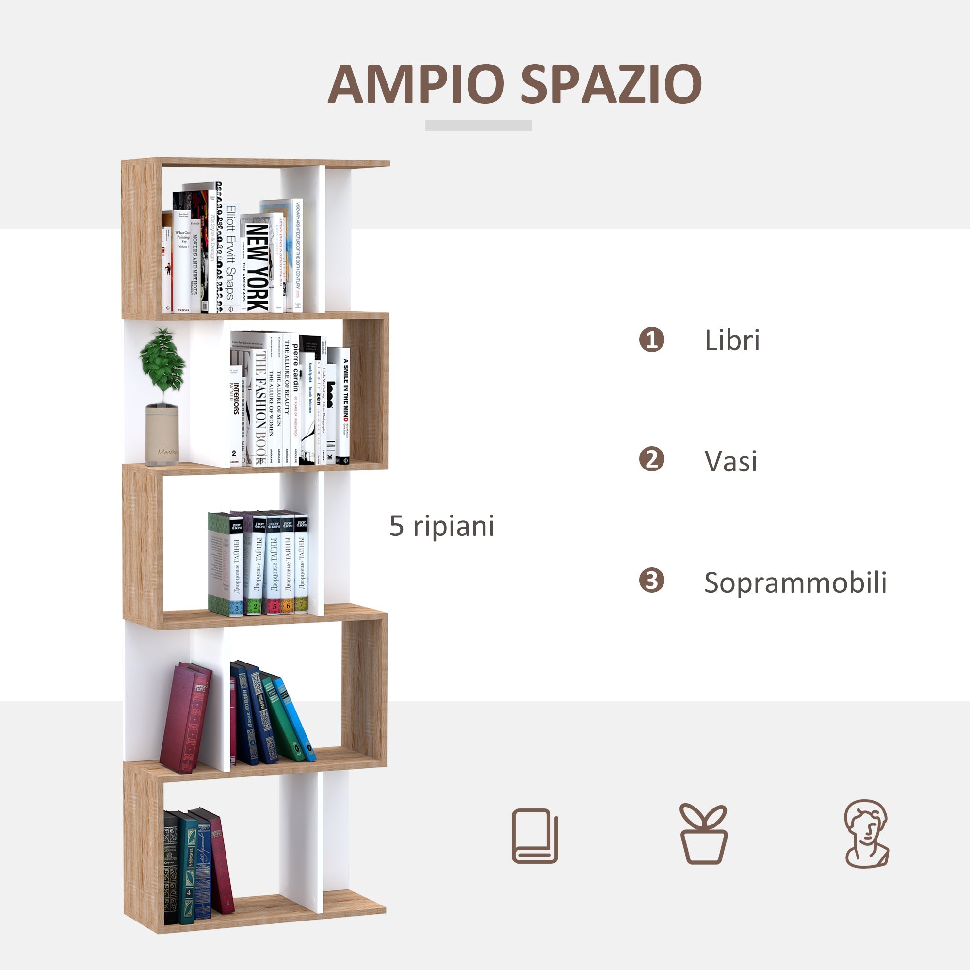 Easycomfort Libreria Moderna 5 Ripiani Pratici Finitura Eccellente, Superficie Liscia e a Prova di Umidità in Legno Truciolato white 60×24×184.5cm