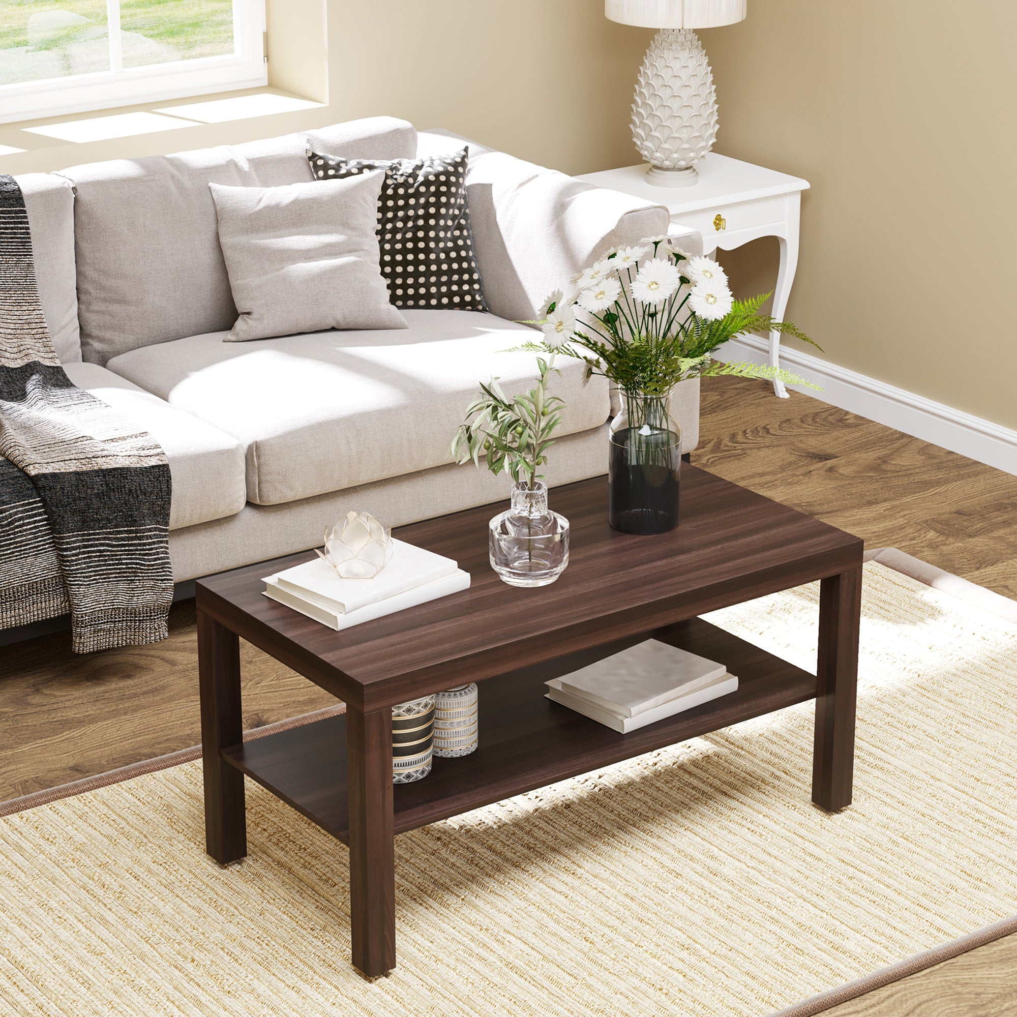 Easycomfort Tavolino da Salotto Rettangolare Classico with Ripiano Portaoggetti in Legno 90×45×44.5cm