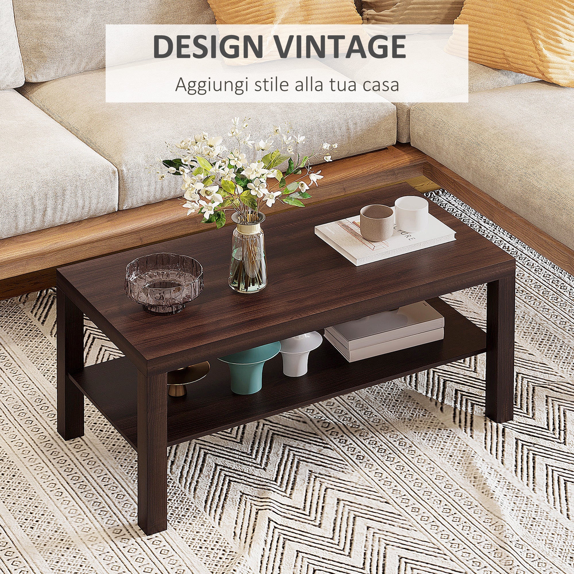 Easycomfort Tavolino da Salotto Rettangolare Classico with Ripiano Portaoggetti in Legno 90×45×44.5cm
