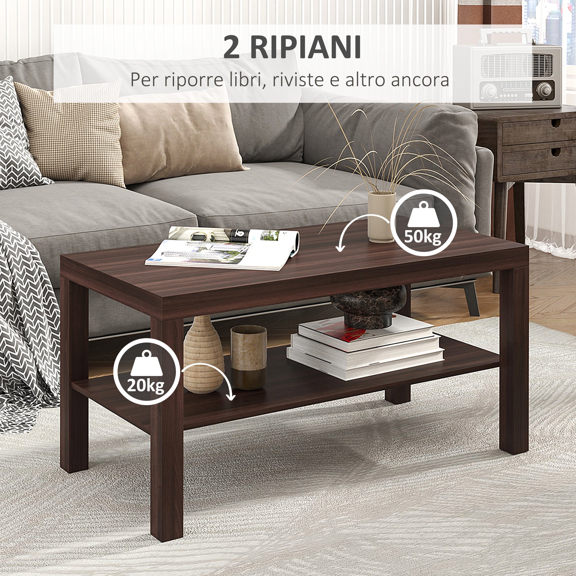Easycomfort Tavolino da Salotto Rettangolare Classico with Ripiano Portaoggetti in Legno 90×45×44.5cm