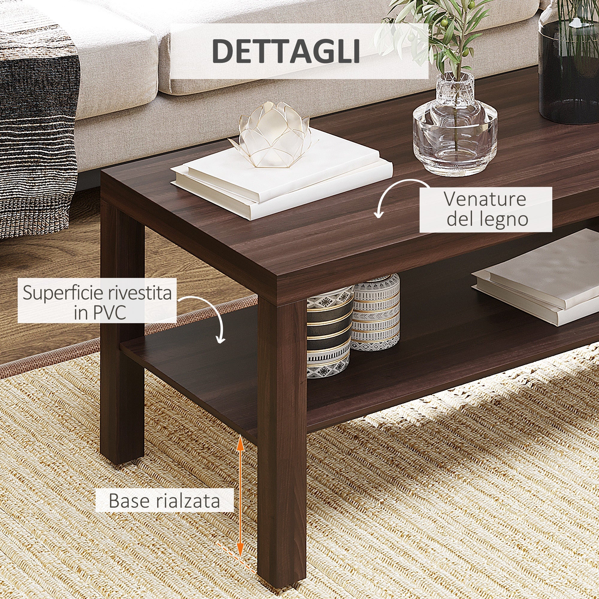 Easycomfort Tavolino da Salotto Rettangolare Classico with Ripiano Portaoggetti in Legno 90×45×44.5cm