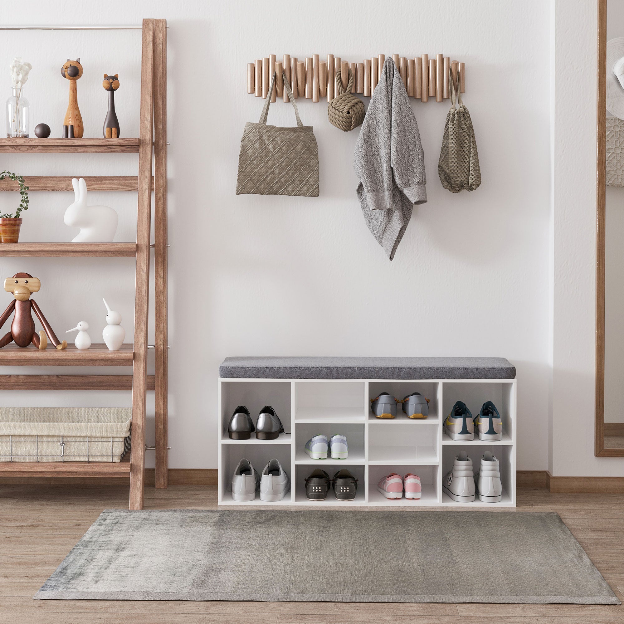 Easycomfort Scarpiera Panchina 8-10 Paia di Scarpe Ripiani Regolabili, Legno, white, 104 x 30 x 48 cm