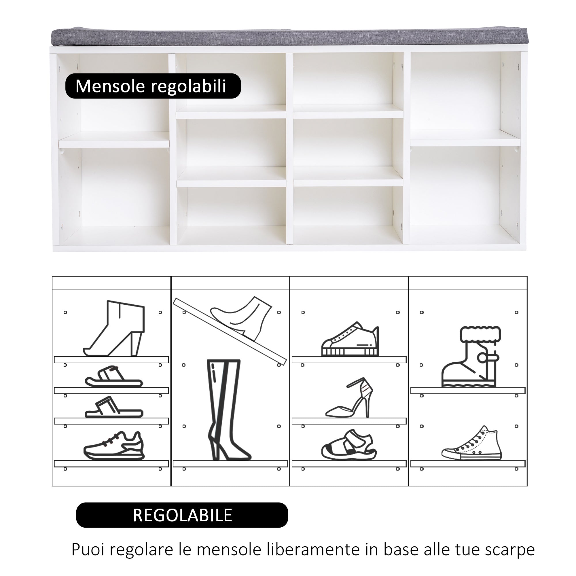 Easycomfort Scarpiera Panchina 8-10 Paia di Scarpe Ripiani Regolabili, Legno, white, 104 x 30 x 48 cm