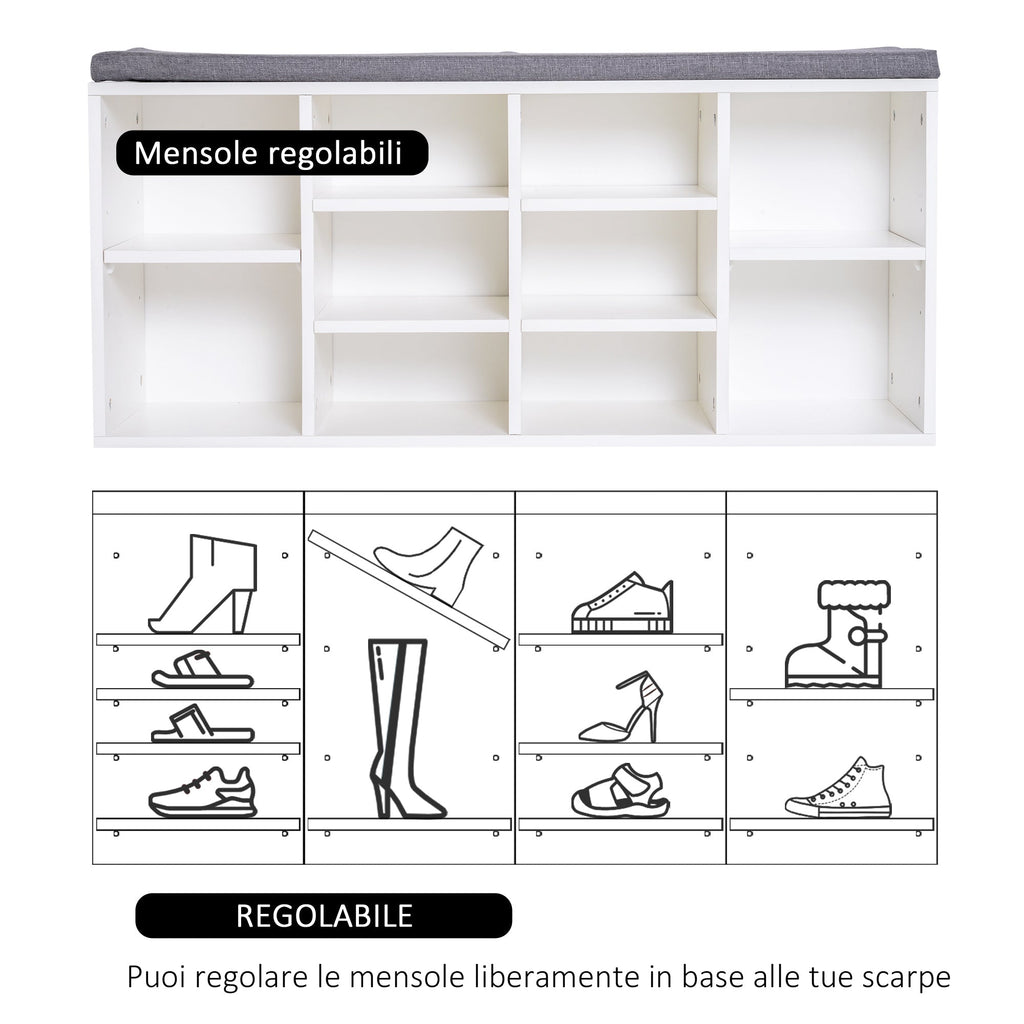 Easycomfort Scarpiera Panchina 8-10 Paia di Scarpe Ripiani Regolabili, Legno, white, 104 x 30 x 48 cm