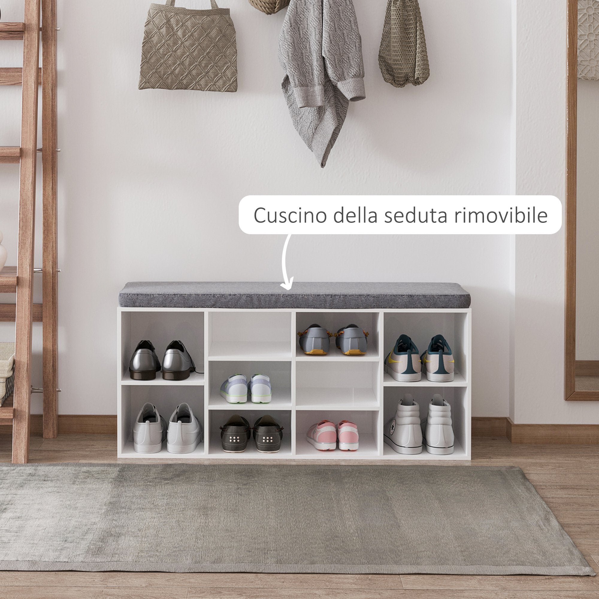Easycomfort Scarpiera Panchina 8-10 Paia di Scarpe Ripiani Regolabili, Legno, white, 104 x 30 x 48 cm