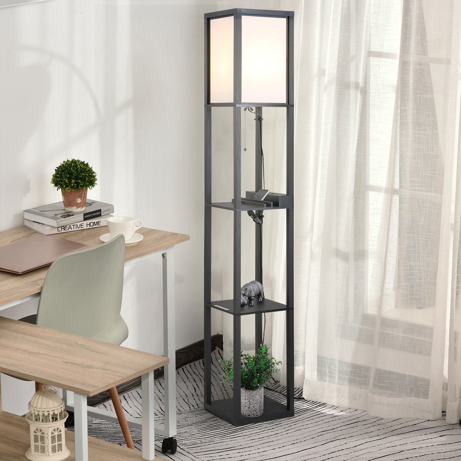 Easycomfort Lampada da Terra Moderna, Lampadina Illuminazione Interna Salvaspazio with Ripiani da Soggiorno Cotone, MDF 26 x 26 x 160 cm black e white