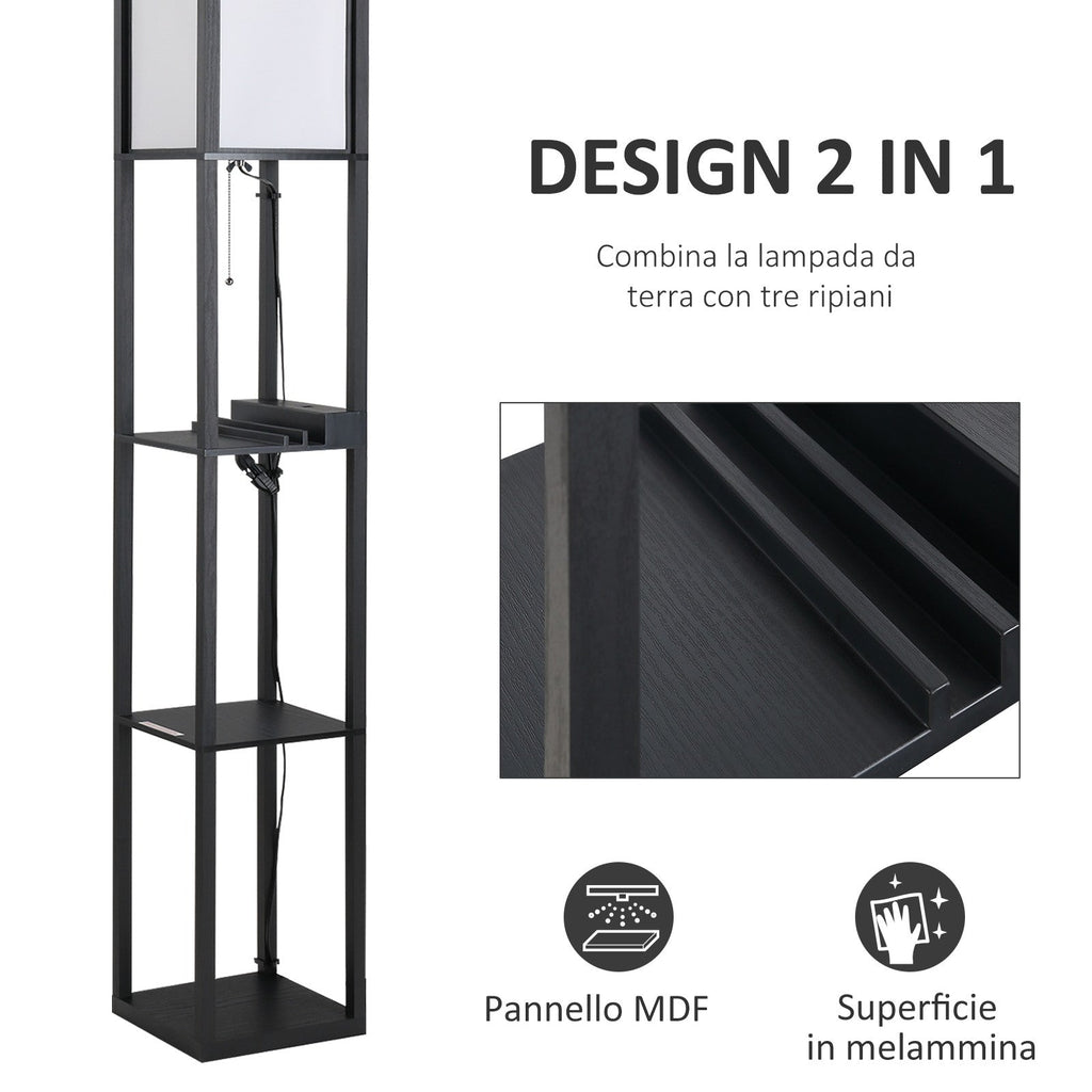 Easycomfort Lampada da Terra Moderna, Lampadina Illuminazione Interna Salvaspazio with Ripiani da Soggiorno Cotone, MDF 26 x 26 x 160 cm black e white