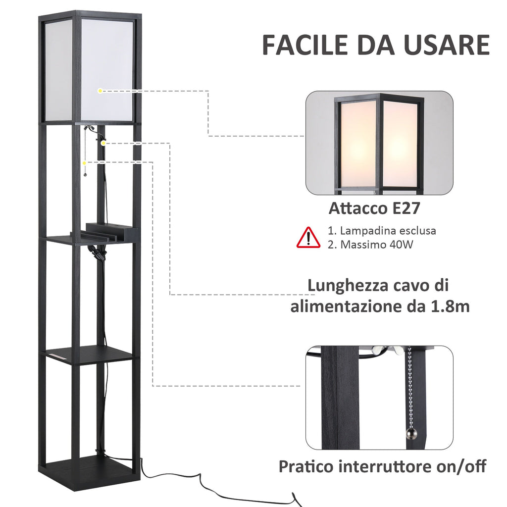Easycomfort Lampada da Terra Moderna, Lampadina Illuminazione Interna Salvaspazio with Ripiani da Soggiorno Cotone, MDF 26 x 26 x 160 cm black e white