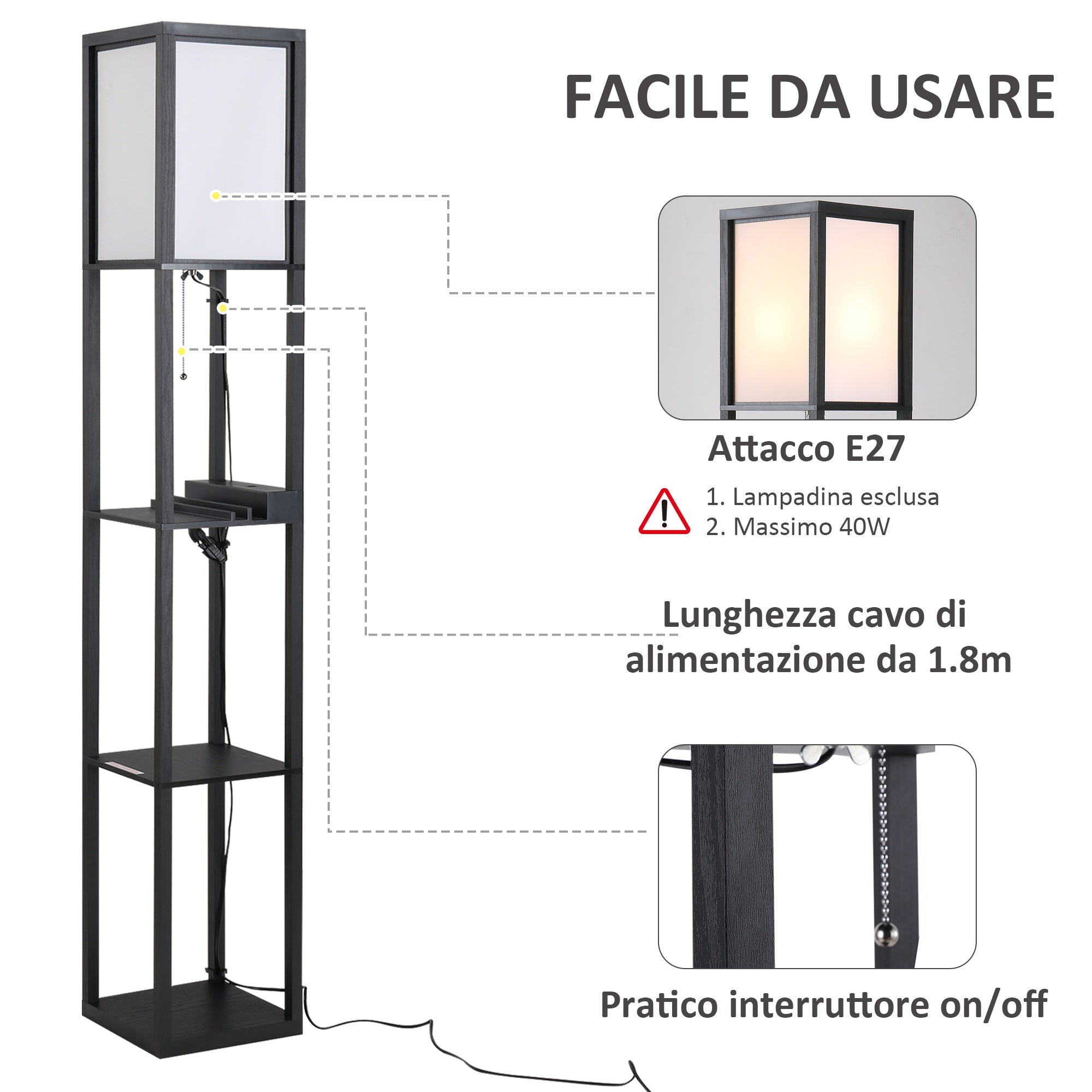 Easycomfort Lampada da Terra Moderna, Lampadina Illuminazione Interna Salvaspazio with Ripiani da Soggiorno Cotone, MDF 26 x 26 x 160 cm black e white