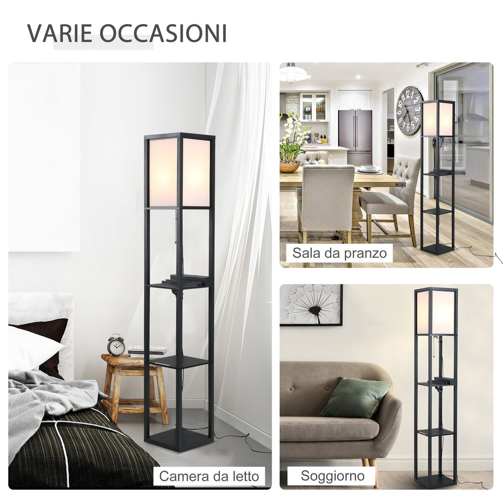 Easycomfort Lampada da Terra Moderna, Lampadina Illuminazione Interna Salvaspazio with Ripiani da Soggiorno Cotone, MDF 26 x 26 x 160 cm black e white
