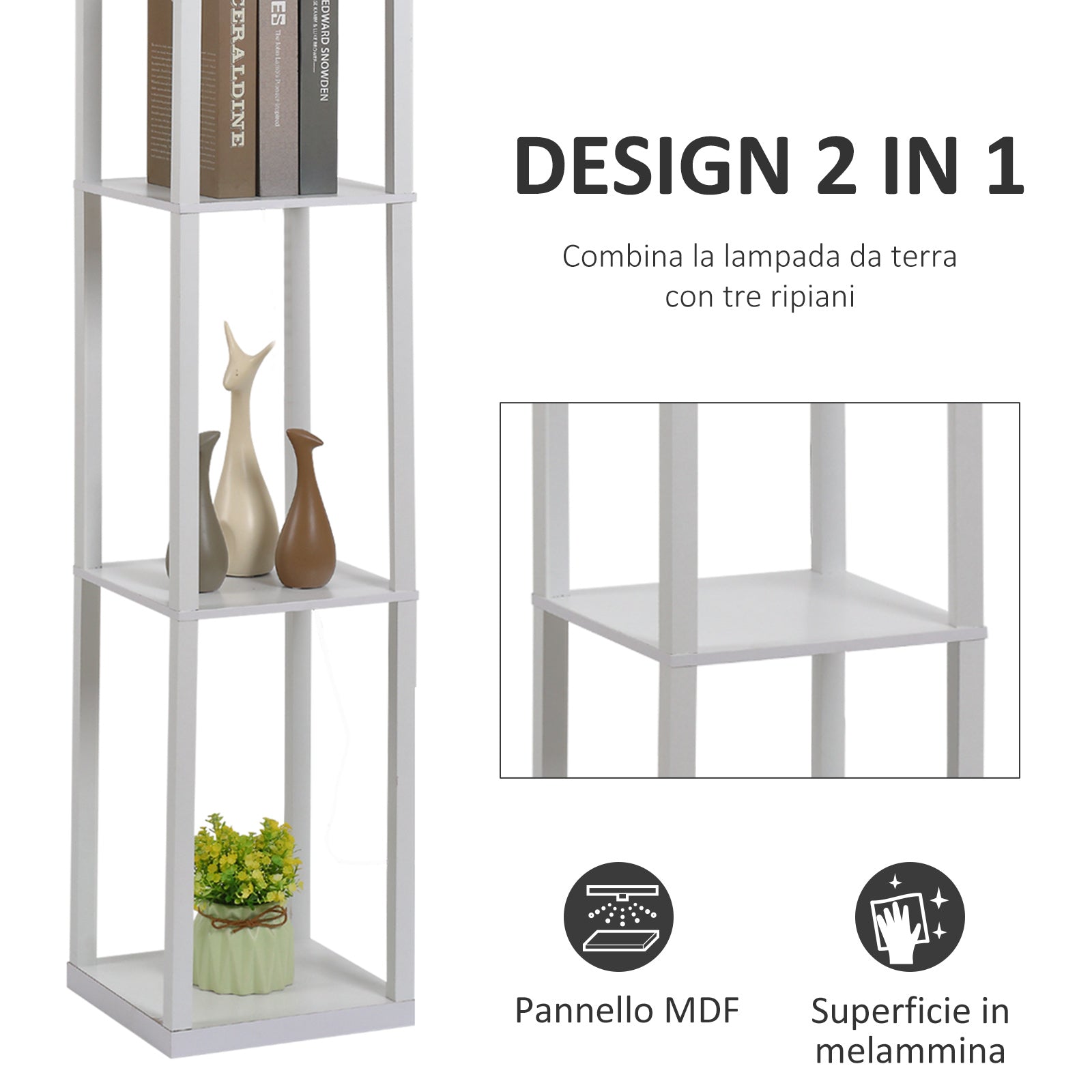 Easycomfort Lampada da Terra with 3 Mensole Integrate, Attacco E27 Potenza 40W, Arredamento Moderno in MDF, 26x26x160cm, white