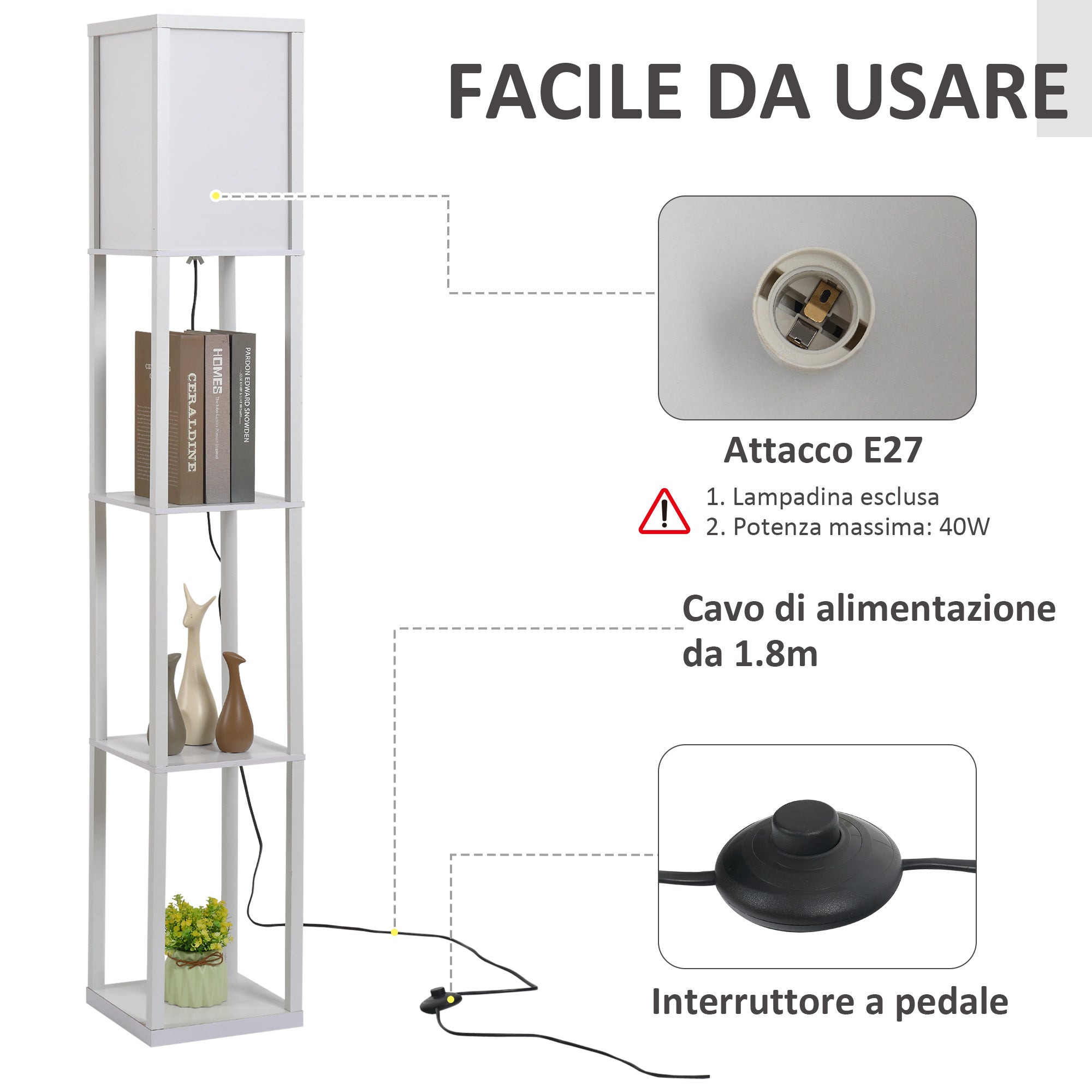 Easycomfort Lampada da Terra with 3 Mensole Integrate, Attacco E27 Potenza 40W, Arredamento Moderno in MDF, 26x26x160cm, white